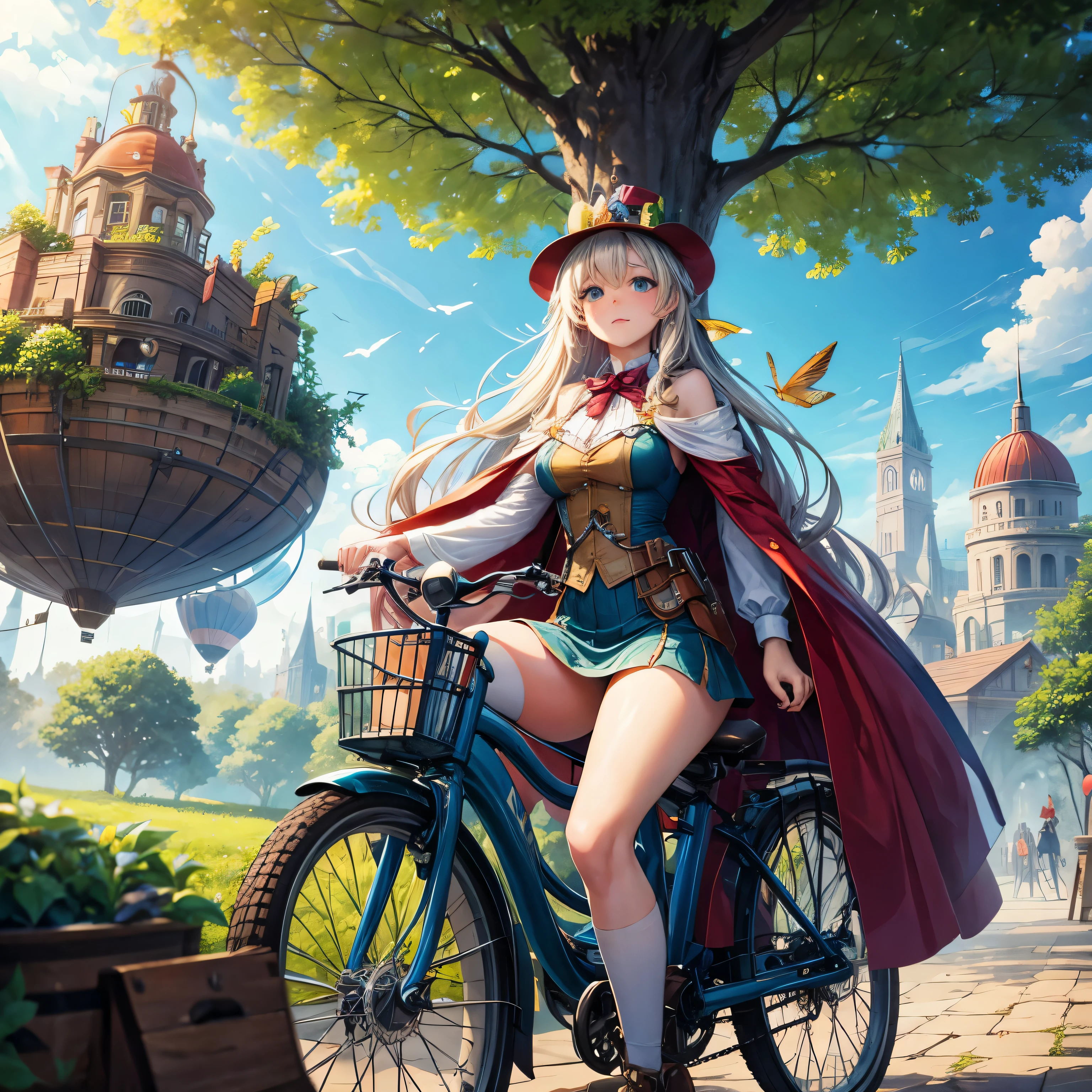 Une feuille d'tree flies above the steampunk city and meets an airship electric balloon bike