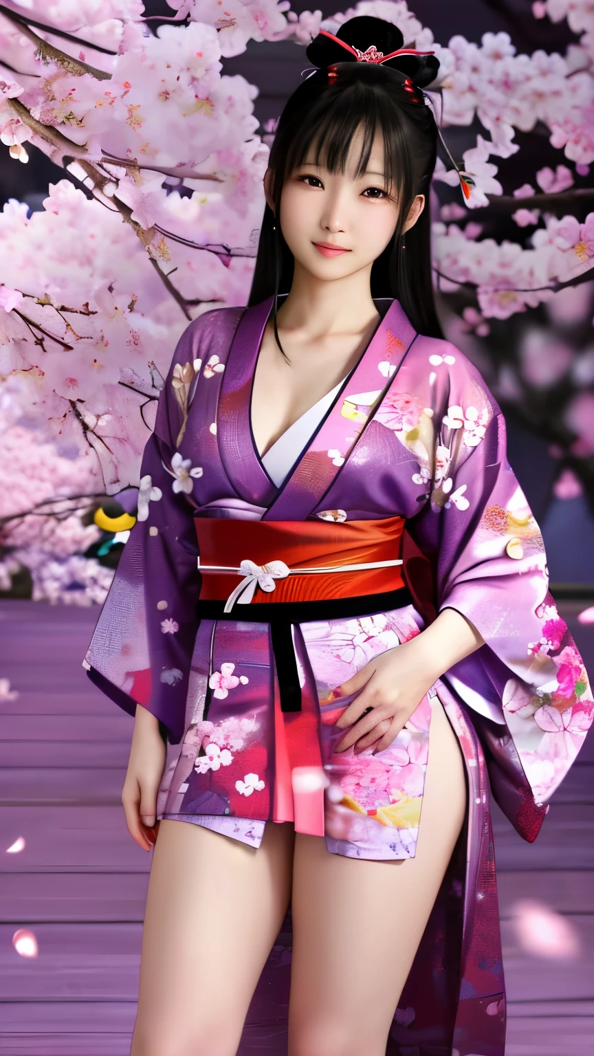 最high quality、high quality、best image quality、8K、最High resolution、High resolution、最high quality、masterpiece、Realistic human body with detailed details、Realistic skin in every detail、Realistic face in every detail、Realistic eyes in every detail、Realistic lips in every detail、Realistic teeth in every detail、Realistic ears with attention to detail、Realistic hair with detailed details、Realistic arms with attention to detail、Realistic hands with attention to detail、Realistic fingers with attention to detail、(fine hands、thumb１reference４)、Realistic legs with attention to detail、Realistic feet with attention to detail、((beautiful japanese girl))、(japanese model), (japanese woman)、((18 year old beautiful girl))、(black hair)、(straight hair)、((whole body))、((Upward beautiful breasts、Medium chest))、(slim style、slender style)、(whole body光沢肌、Fair skin)、Detailed and realistic human body、detailed realistic skin、detailed realistic face、detailed realistic arms、Detailed realistic fingers、Detailed realistic feet、soft natural light、samurai kimono、maiko kimono、servant、geisha kimono、japanese kimono、Furisode、kimono、Yukata、japanese traditional、Samurai Residence、Japanese garden、((colorful transparent see-through(flowery kimono、Hakama with side slits))、((Under the cherry blossom tree in full bloom(Poses that make your thighs look sexy))