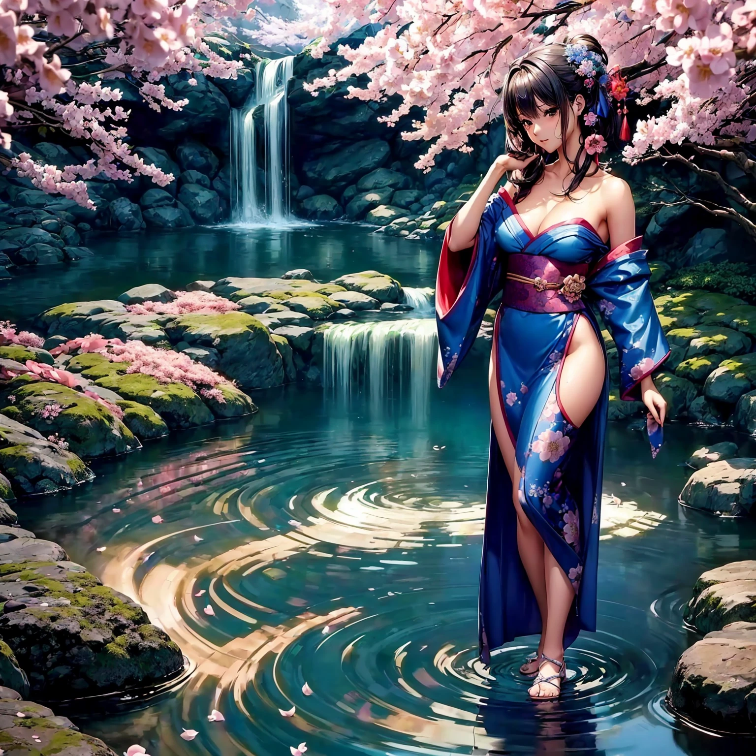 (((highest quality、masterpiece、very high resolution))),(There is a woman with perfect and ultimate beauty..,beautiful figure,beautiful face,beautiful skin,beautiful breasts,Well-formed eyes and nose)、(Beautiful breasts with a slender body shape:F cup,best hair texture,Best skin texture)、((Beautiful Japan kimono:floral and colorful)),(Fantastic waterside,There is a waterfall,Night cherry blossoms and lanterns,mysterious night sky、beautiful scenery),(water play,beautiful pose,model shoot,Hair flutters under the influence of the wind),realistic portrait,bijinga,(highly detailed images、accurate image、Perfect Image 1.5)、beautiful anime woman, beautiful art style, anime character、Overall image、accurate anatomy、Image without defects、natural soft light、beautiful images、(best shot,RAW photo)