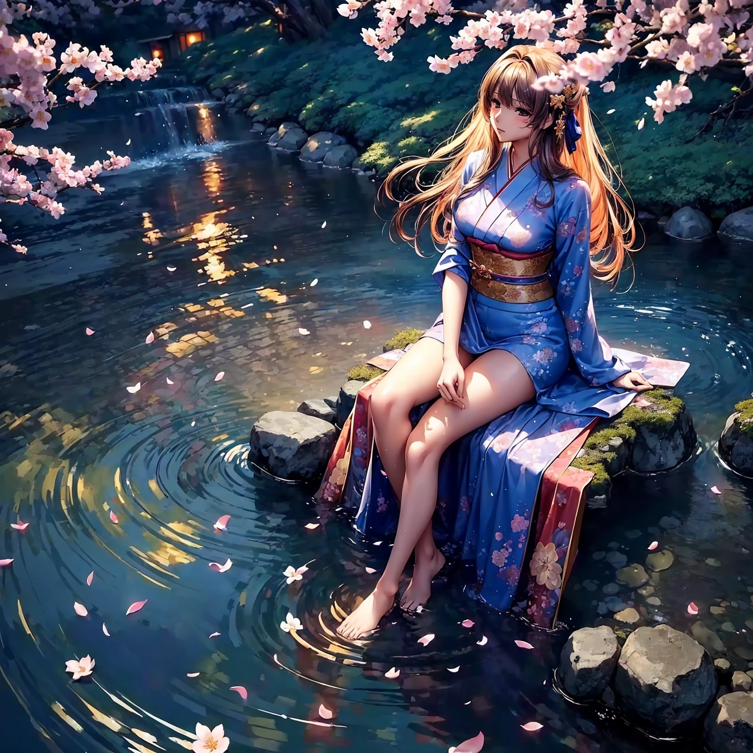 (((highest quality、masterpiece、very high resolution))),(There is a woman with perfect and ultimate beauty..,beautiful figure,beautiful face,beautiful skin,beautiful breasts,Well-formed eyes and nose)、(Beautiful breasts with a slender body shape:F cup,best hair texture,Best skin texture)、((Beautiful Japan kimono:floral and colorful)),(Fantastic waterside,There is a waterfall,Night cherry blossoms and lanterns,mysterious night sky、beautiful scenery),(water play,beautiful pose,model shoot,Hair flutters under the influence of the wind),realistic portrait,bijinga,(highly detailed images、accurate image、Perfect Image 1.5)、beautiful anime woman, beautiful art style, anime character、Overall image、accurate anatomy、Image without defects、natural soft light、beautiful images、(best shot,RAW photo)
