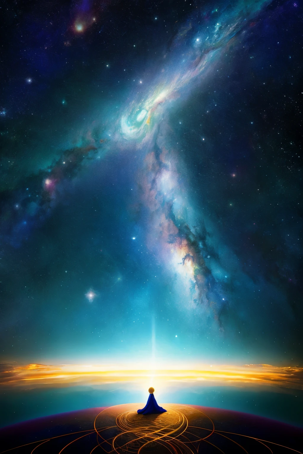 A consciousness-raising artistic depiction of the intricately woven thread of dark pain and light joy in the grand musical composition of life's plan unfolds before us. The luminous beams of joy radiate from the cosmos, intertwining with the somber hues of pain, painting a vivid tableau against the mysterious backdrop of the universe. The Earth, our humble abode, forms a scenic corner of this intriguing tapestry, displaying the harmonious coexistence of contrasting emotions and the enigmatic beauty of space. This breathtaking 16:9 masterpiece exudes an aura of tranquil contemplation, prompting one to ponder
