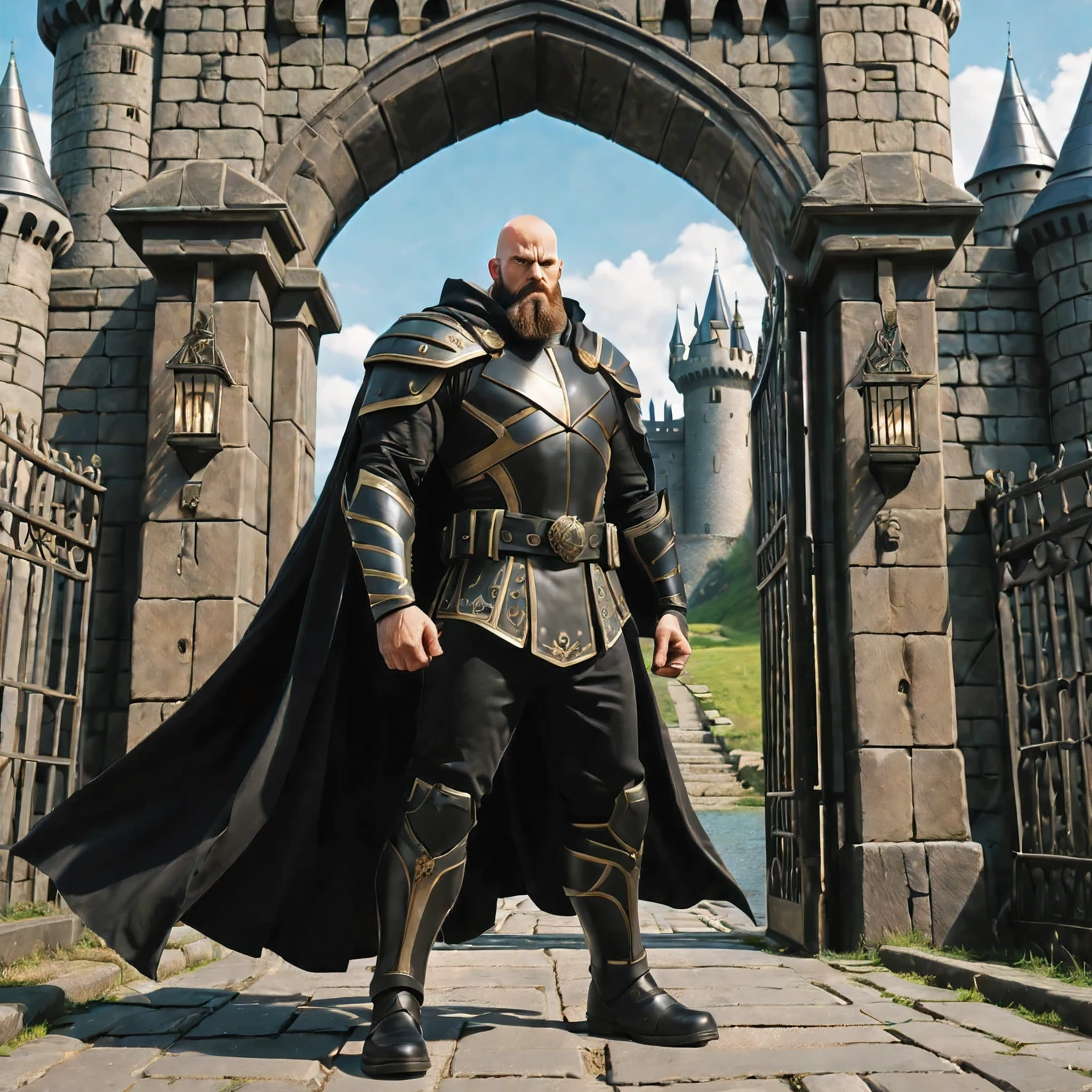 (masterpiece, best quality), intricate details, 8k, artstation, wallpaper, official art, splash art, sharp focus, bald and bearded hero, wearing black armor and cloak, mighty powers of the elements, standing in front of castle gate, angry and mighty