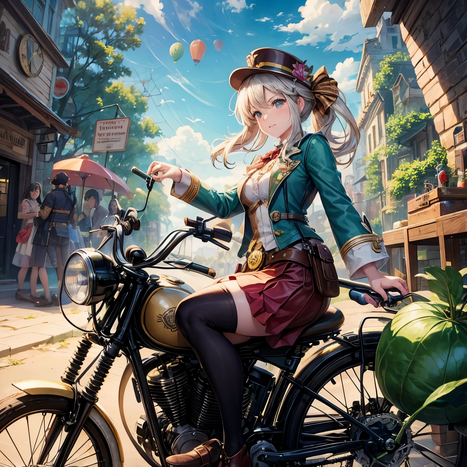 A tree leaf flies above the steampunk city and meets a dirigible vegetable bike-electric balloon