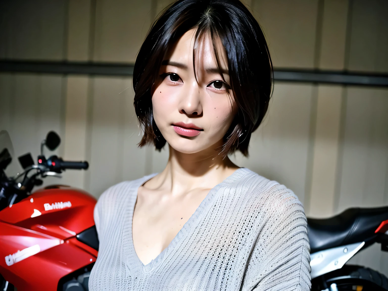 (highest quality、8K、32K、masterpiece、UHD:1.2)、photo of cute japanese woman、big breasts are visible、very short bobbed hair、Upper body、surface focus、extra large size_sweater、headless、simple background、From above、looking at the viewer、riding on motorcycle、Cyberpunk world、random posture、 sharp focus、 R5 、 portrait