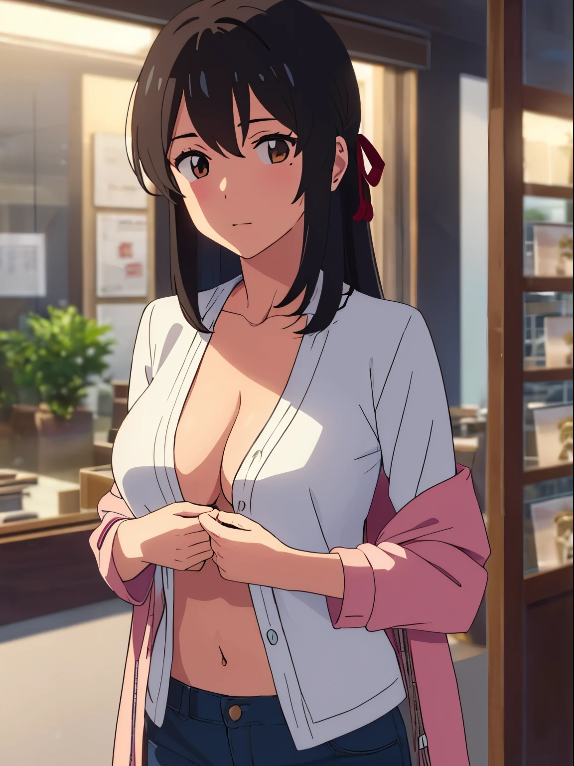 shinkai makoto, kimi no na wa., 1boy, buzzcut, iffice suit,boy touching girl chest,chestgrope from behind, kiss cheeks, passionate hug, boy is hugging from behind, 1girl, bangs, black hair, brown eyes, twisted half up, red ribbon, long hair, long sleeve light yellow cardigan, open shirt, white shirt, cleavage, breast, medium breast, blue pants, name tag written "LUMINE Miyamizu", looking at the viewer, indoors, jewelry shop, indoors, mallmasterpiece, perfect anatomy, cowboyshot,