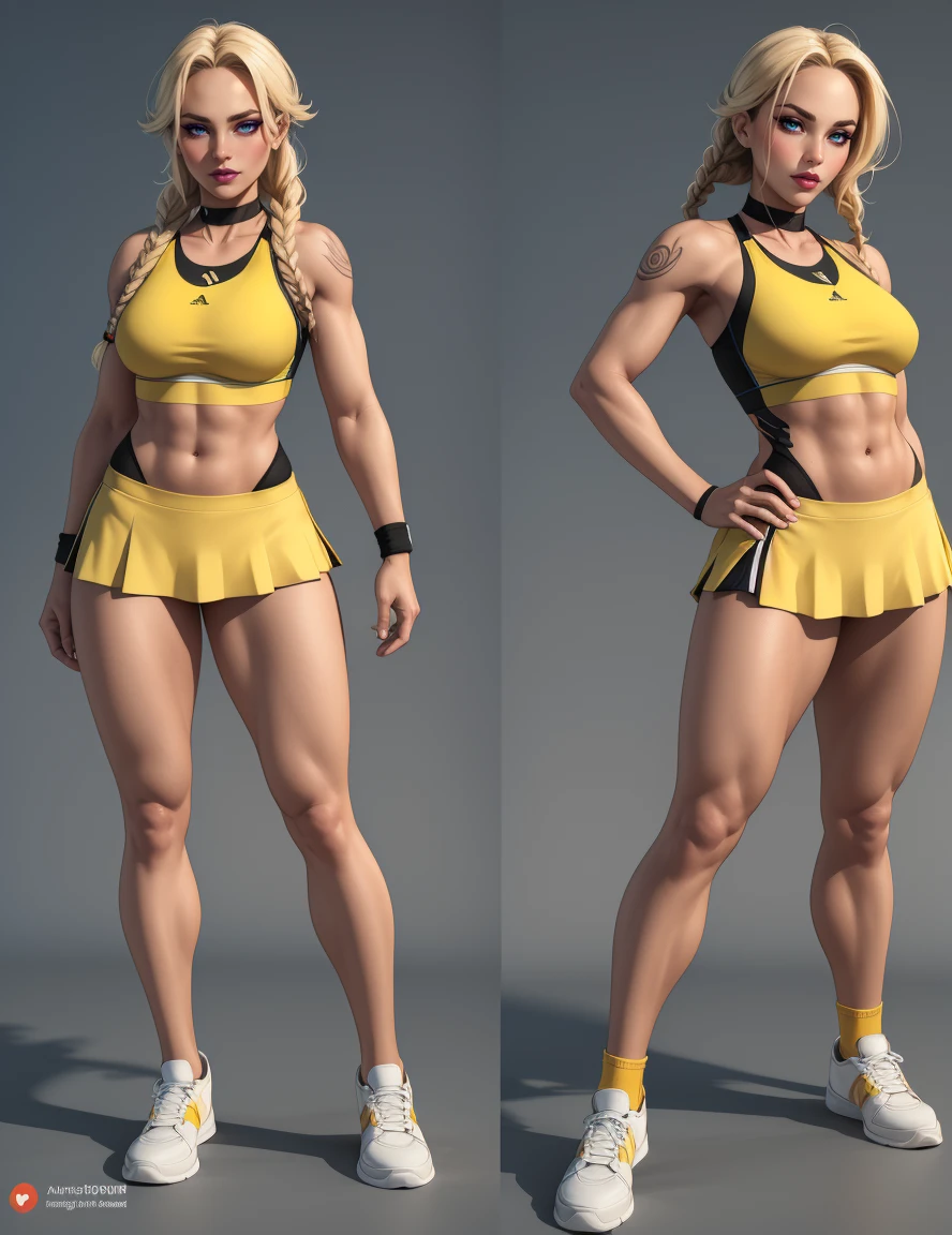 The concept character sheet of a strong, attractive, and hot lady player tennis, (player tennis style), wearing black and yellow player tennis clothes, white sneakers and cap. Her face is oval, forehead is smooth and visibly rounded at the temples. jawline is softly defined, giving her a gentle and feminine appearance, full body, Full of details, frontal body view, back body view, Highly detailed, Depth, Many parts, ((Masterpiece, Highest quality)), 8k, Detailed face, scars, serious expression. Infographic drawing. Multiple sexy poses. tattoos,3d, (braids blond), (light blue eyes), choker