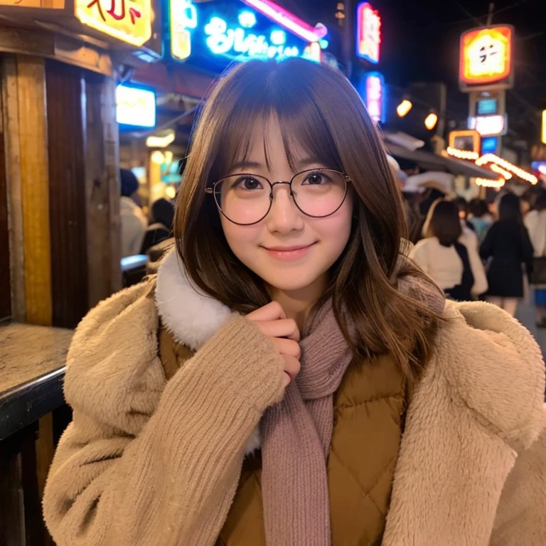 30 generation women、Japanese、semi-long、Height 152 cm、Weight 50 kg、round glasses、brown hair、Fluffy clothes and 、Night bar district