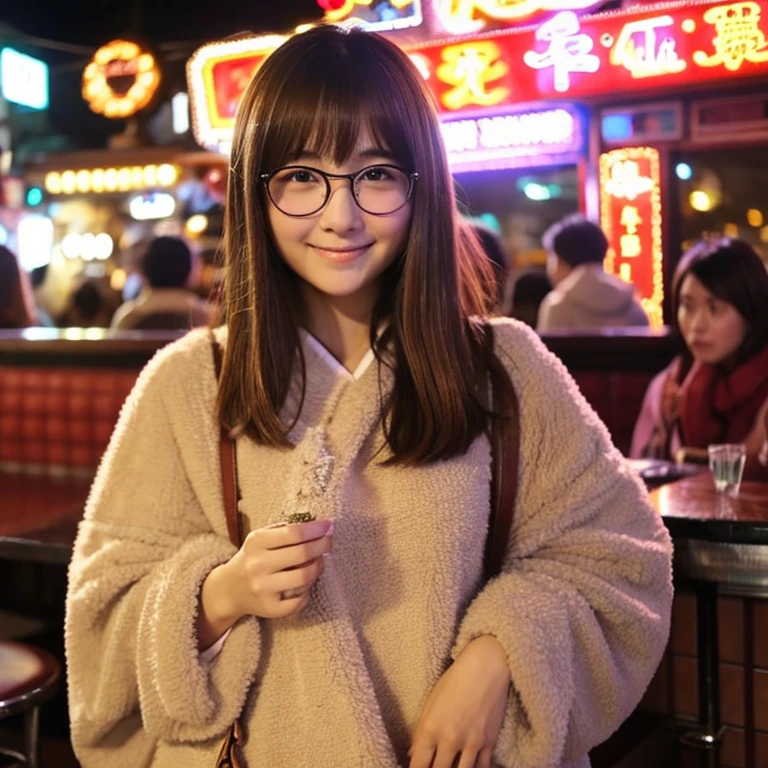 30 generation women、Japanese、semi-long、Height 152 cm、Weight 50 kg、round glasses、brown hair、Fluffy clothes and 、Night bar district