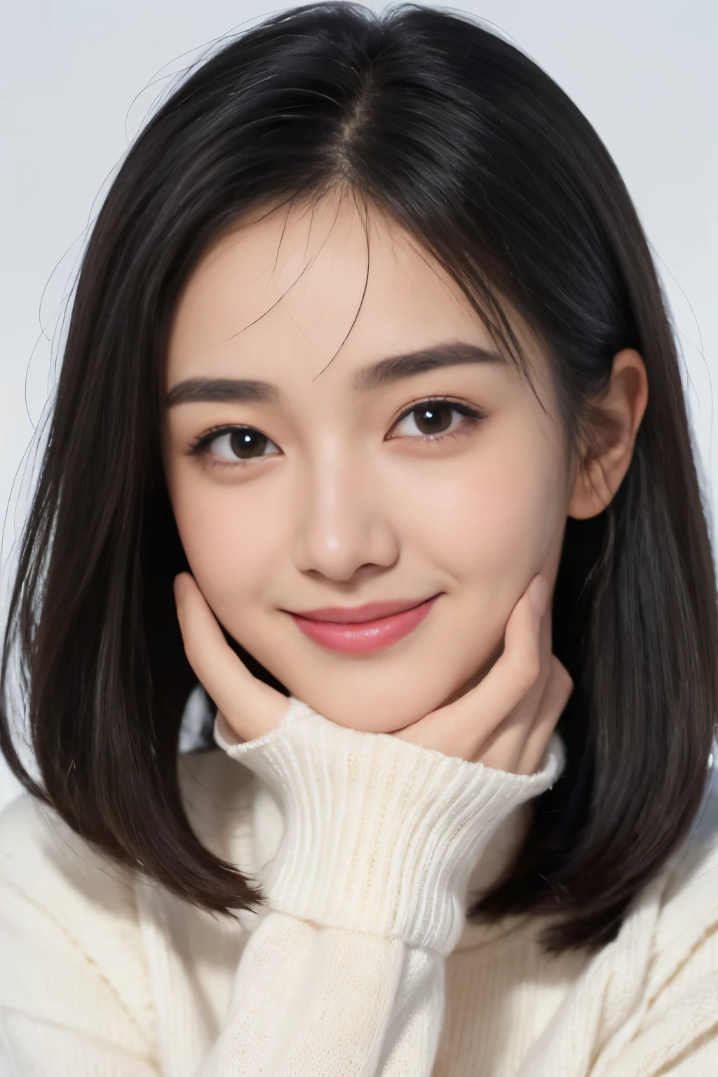 1 girl in,Navy blue knitted sweater,White background,lifelike face、medium hair、Real hair quality、thick hair、details、Masseter muscle film、Realistic skin texture、mole、dark circles、Bangs、Smile