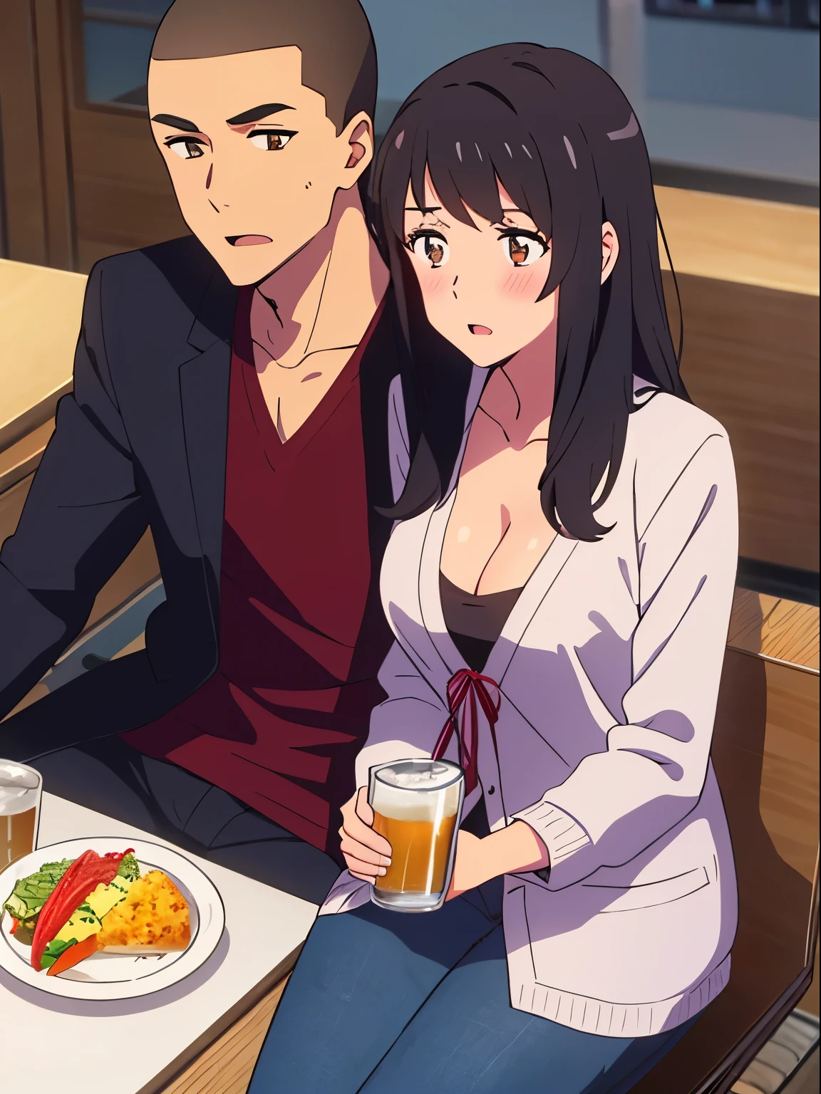 shinkai makoto, kimi no na wa., 1boy, buzzcut, office attire, boy's arms placed over girl's shoulder, drunk, boy sit beside girl, boy caressing girl's chest, 1girl, bangs, black hair, brown eyes, open mouth, blush, twisted half up, red ribbon, long hair, long sleeve light yellow cardigan, open shirt, white shirt, cleavage, breast, medium breast, blue pants, drinking party,nomikai, table, food drinks, beer, indoors, night, masterpiece, perfect anatomy, cowboyshot,