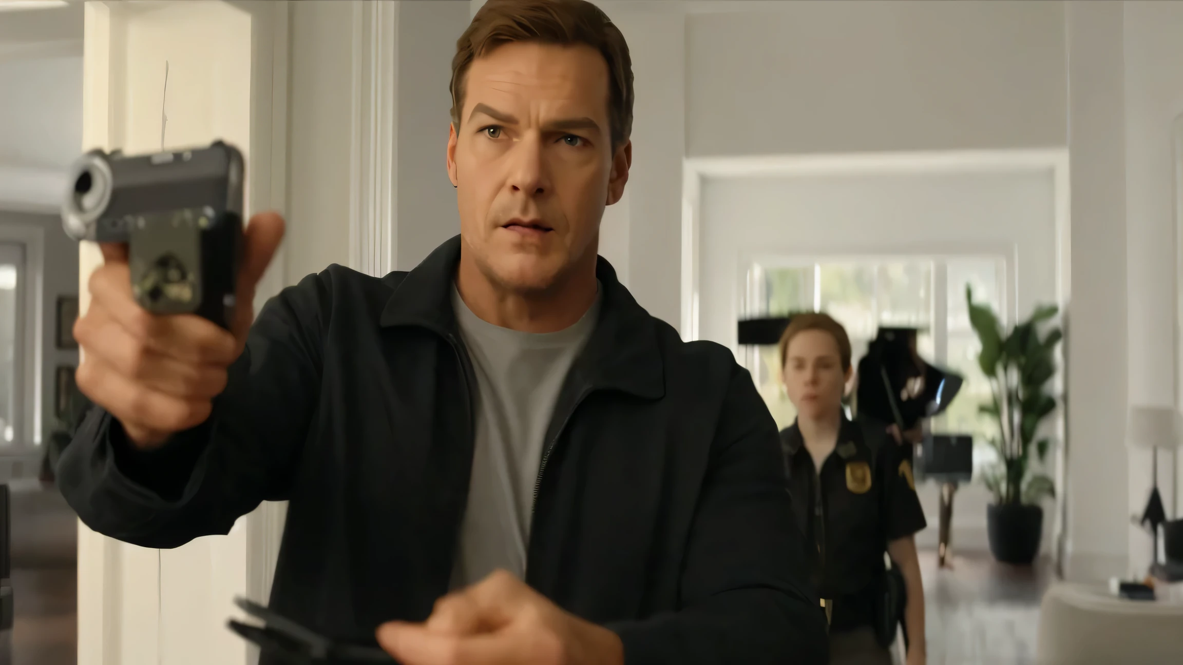 there is a man holding a cell phone in his hand, still from the movie the arrival, doing the bateman stare, favorite scene, shot from movie, still from a live action movie, wonderful scene, in the movie arrival, screenshot from a movie, looking threatening, realistic movie still, scene from live action movie, nbc, best scene, 4 k movie still