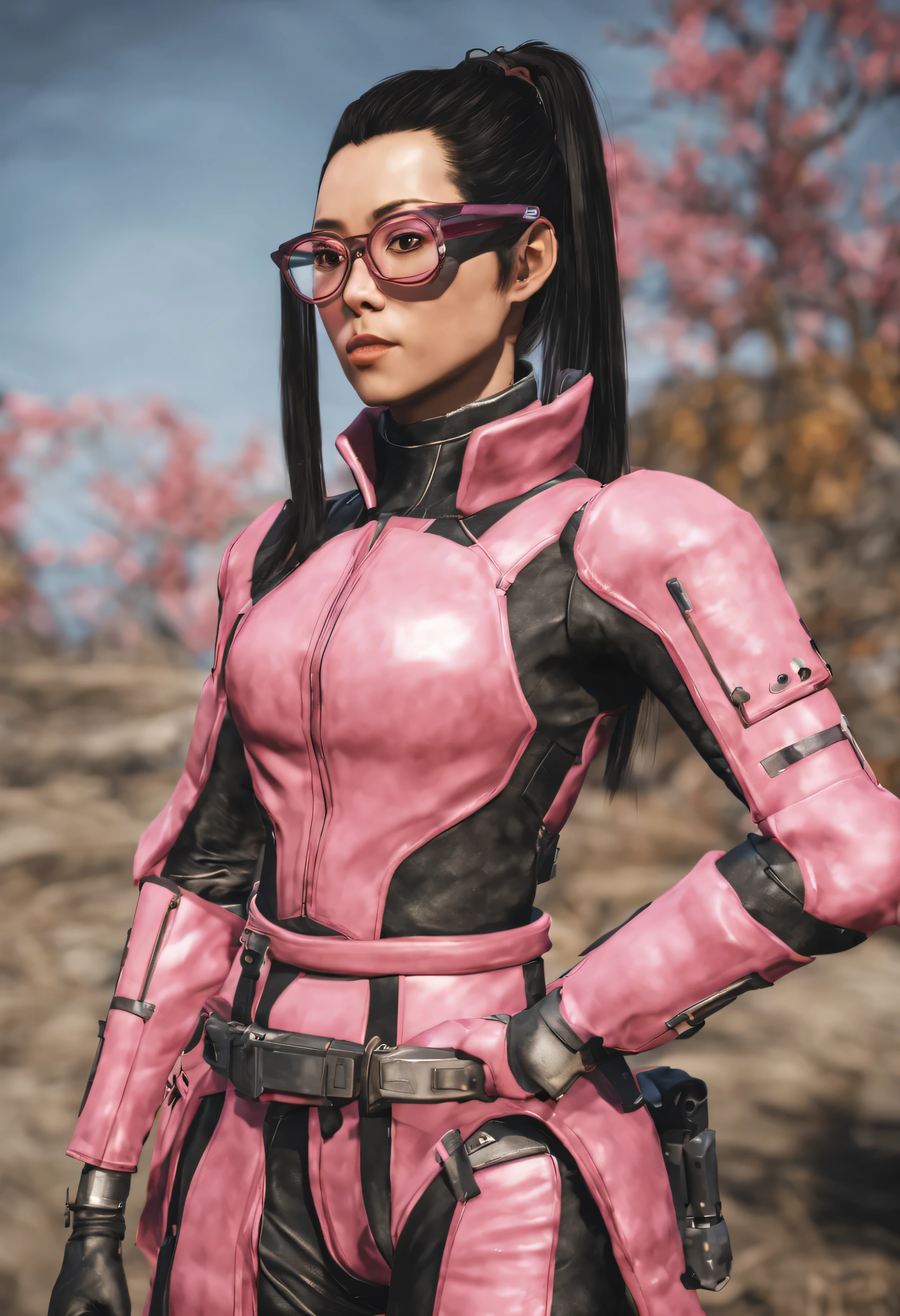 Black-haired Japanese woman wearing pink armor, long ponytail, clear lens pink glasses, Fallout 76