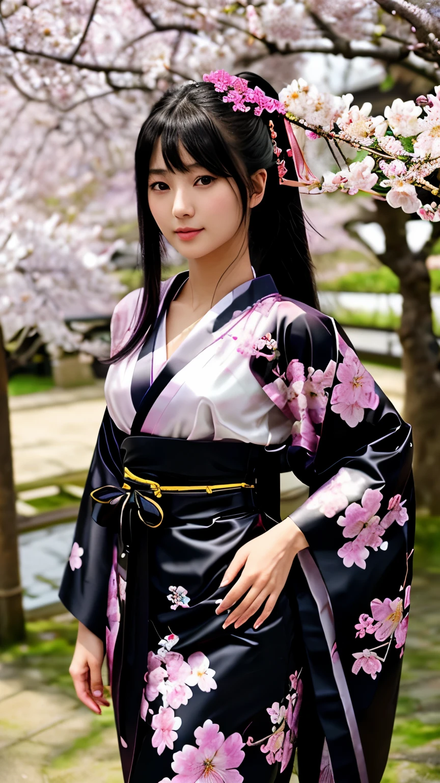 最high quality、high quality、best image quality、8K、最High resolution、High resolution、最high quality、masterpiece、realistic pictures、RAW photo、realistic atmosphere、(detailed face)、(fine hands、thumb１reference４)、(beauty of japan )、very nice face、cute face、((beautiful japanese girl))、(woman), ((18 year old beautiful girl))、(glossy black hair)、(straight long hair)、(ponytail)、whole body、slim style、(shiny skin)、(Fair skin, Glossy skin)、real human skin、realistic human body structure、perfect body， perfect face， perfect hands， perfect fingers， perfect lips， perfect eyes，perfect teeth、perfect background， perfect atmosphere，soft natural light、samurai kimono、maiko kimono、servant、geisha kimono、japanese kimono、Furisode、kimono、Yukata、japanese traditional、Samurai Residence、Japanese garden、((colorful transparent vinyl(flowery kimono、Hakama with side slits))、((Under the cherry blossom tree in full bloom(Poses that make your thighs look sexy))