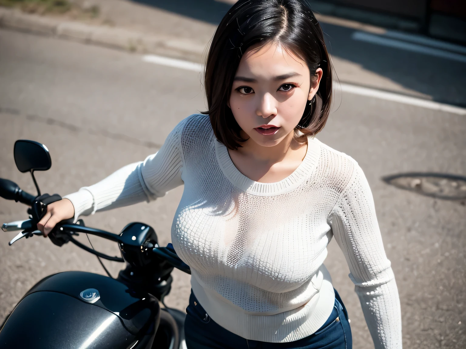 (highest quality、8K、32K、masterpiece、UHD:1.2)、photo of cute japanese woman、big breasts are visible、very short bobbed hair、Upper body、surface focus、extra large size_sweater、headless、simple background、From above、looking at the viewer、riding on motorcycle、Cyberpunk world、random posture、 sharp focus、 R5 、 portrait