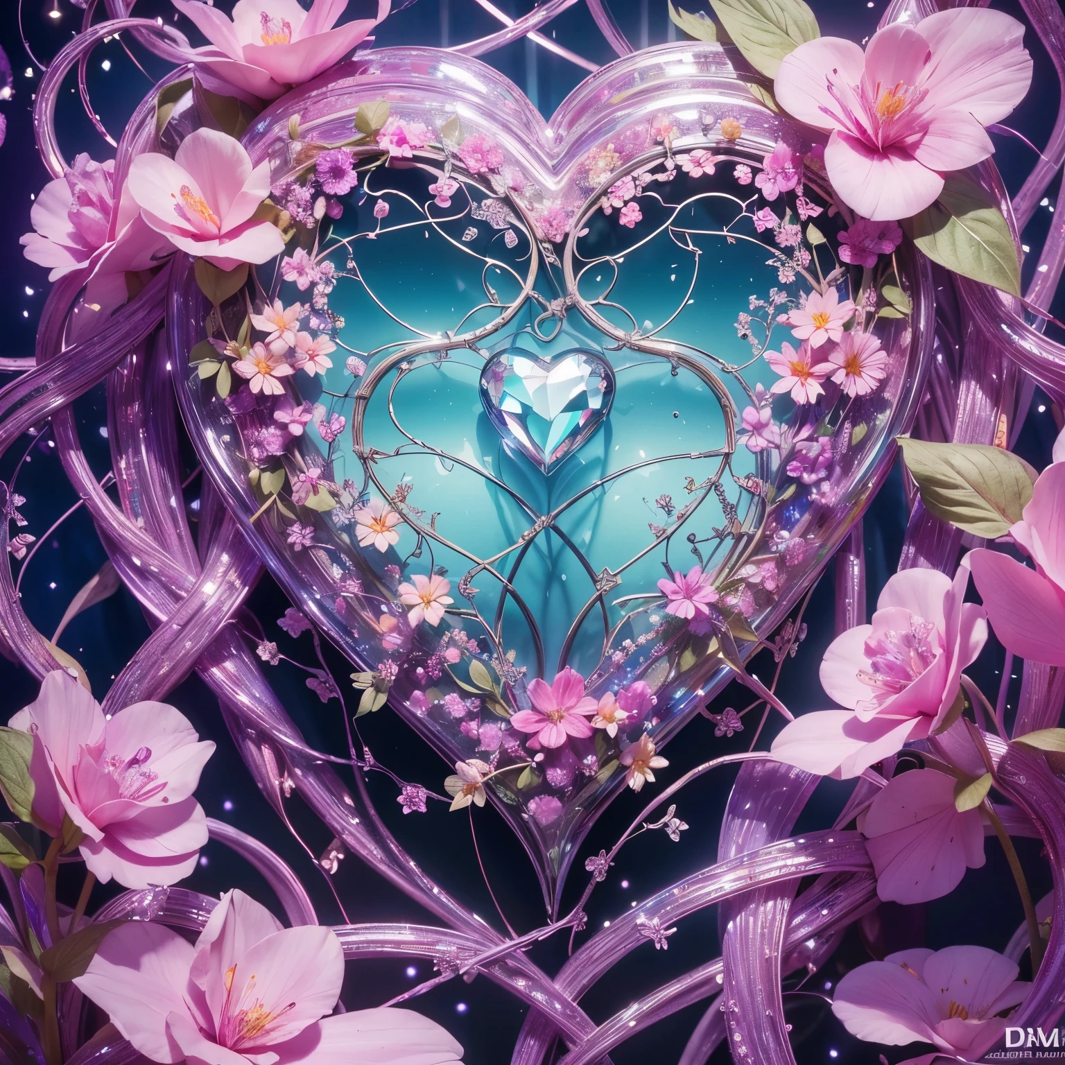 (best quality,4k,highres,masterpiece:1.2), ultra-detailed, (realistic,photorealistic,photo-realistic:1.37), crystal heart, vibrant flowers, detailed facets, colorful petals, delicate vines, sparkling dewdrops, intertwining vines, mirrored textures