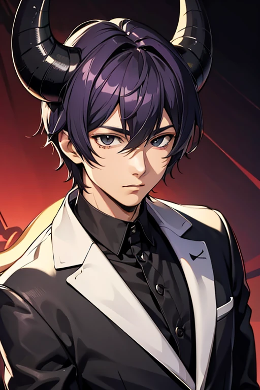 cartoon, man, boy, scarab beetle horns, demon, kemonomimi, (highest picture quality), masterpiece, best quality, extremely detailed CG wallpaper, ultra_detailed, black eyes, 1man, solo, tall, short_uncommon_hairstyle, masterpiece, best quality, black and purple, suit, grey skin color,