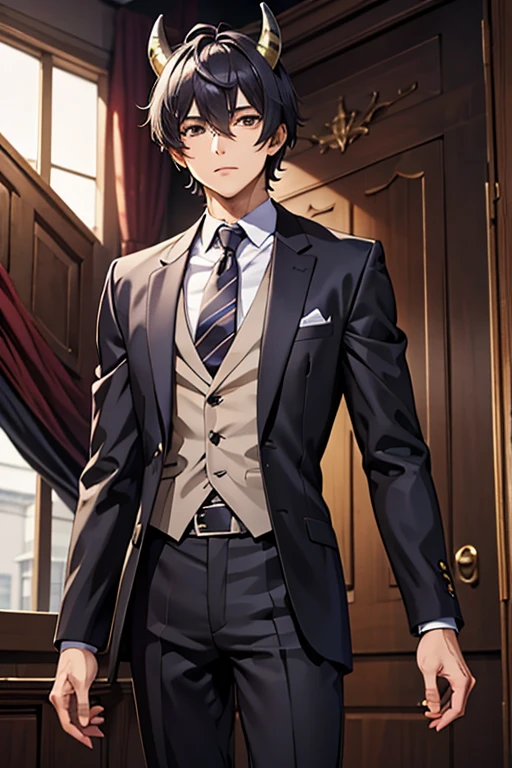 cartoon, man, boy, scarab beetle horns, demon, kemonomimi, (highest picture quality), masterpiece, best quality, extremely detailed CG wallpaper, ultra_detailed, black eyes, 1man, solo, tall, short_uncommon_hairstyle, masterpiece, best quality, black and purple, suit, grey skin color,