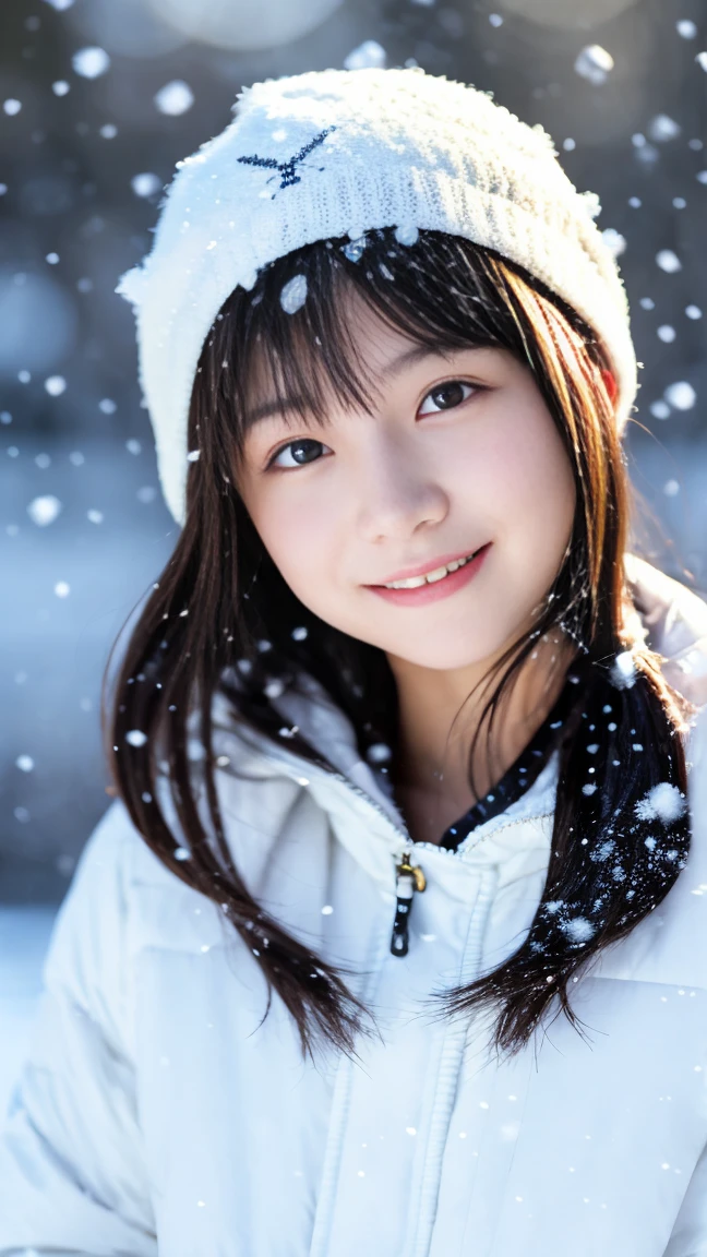 masterpiece, highest quality, one girl,17 year old beautiful girl、 (beautiful girl, delicate girl:1.3), (:1.3), extremely fine-grained clarity, (symmetrical eyes:1.3), (it's snowing, Diamond dust, outside:1.2), (White Winter Jacket, knit hat:1.3), small breasts, brown eyes, parted bangs, brown hair, young girl, (Eye and face details:1.0), (upper teeth, best smile:0.1),