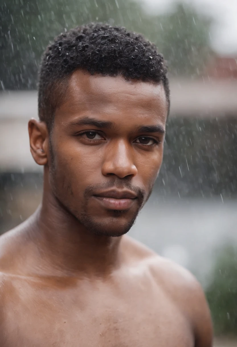 Handsome black man in closeup without beard shaved hair serious without clothes looking at camera rainy background