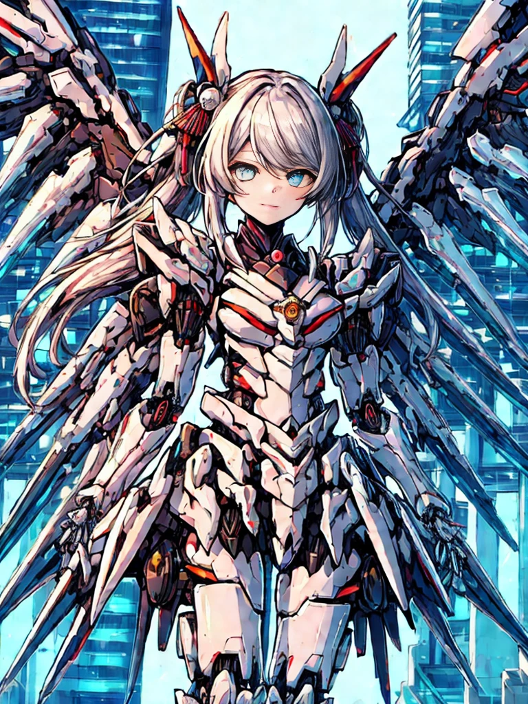 highest quality、very詳細な、masterpiece、super detailed、enlightenment、((1 girl))、silver hair、hair length、floating hair、、cyber city、Neon building、(Upper body:1.05)、very_be familiar with_eye_and_face,cybernetic wings mechanical wings、random posture、Skyscraper、、Mechumusume、shrine maiden costume,Maid clothes、random angle、anime style,cowboy shot