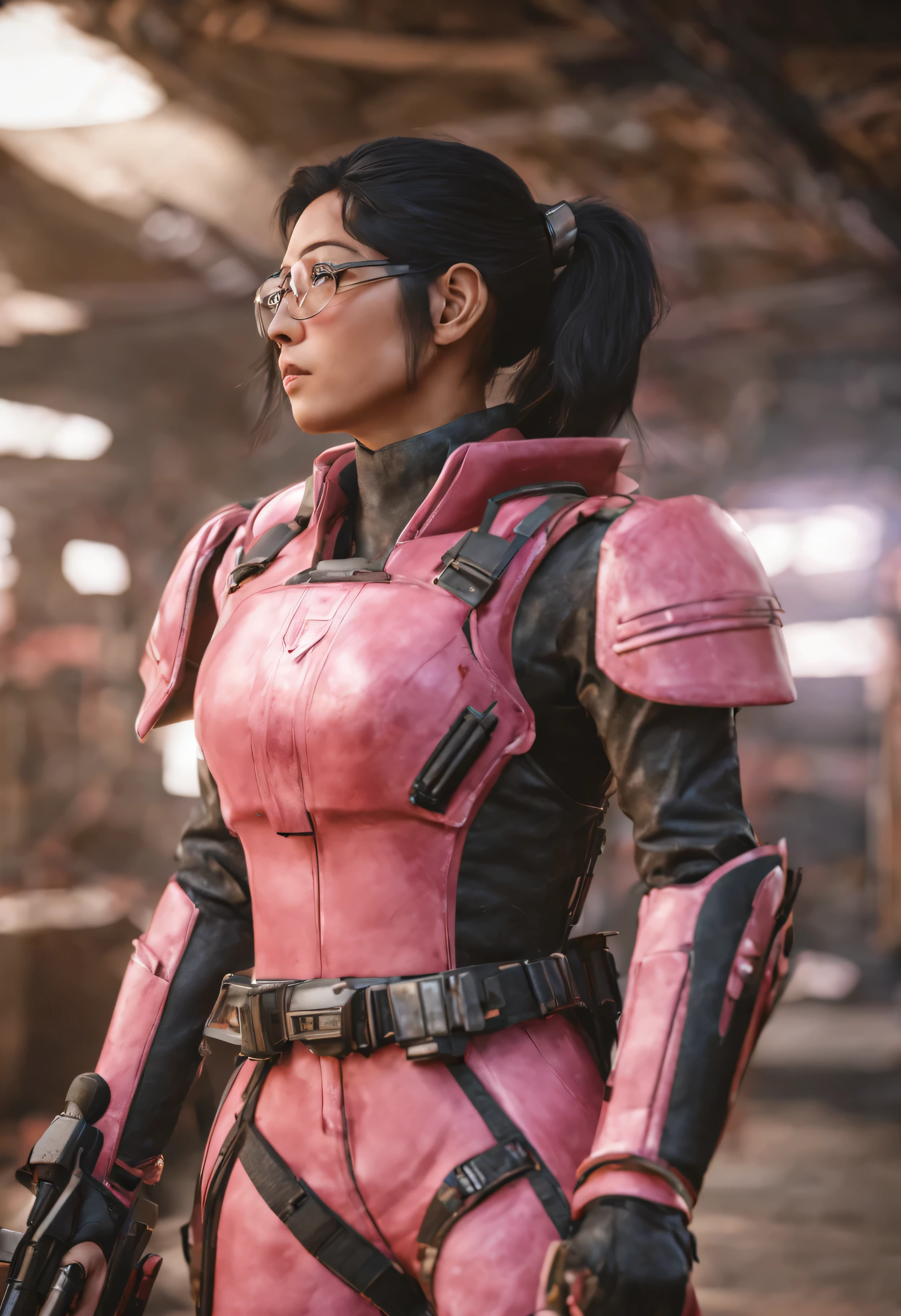 Black-haired Japanese woman wearing pink armor, long ponytail, clear lens pink glasses, Fallout 76