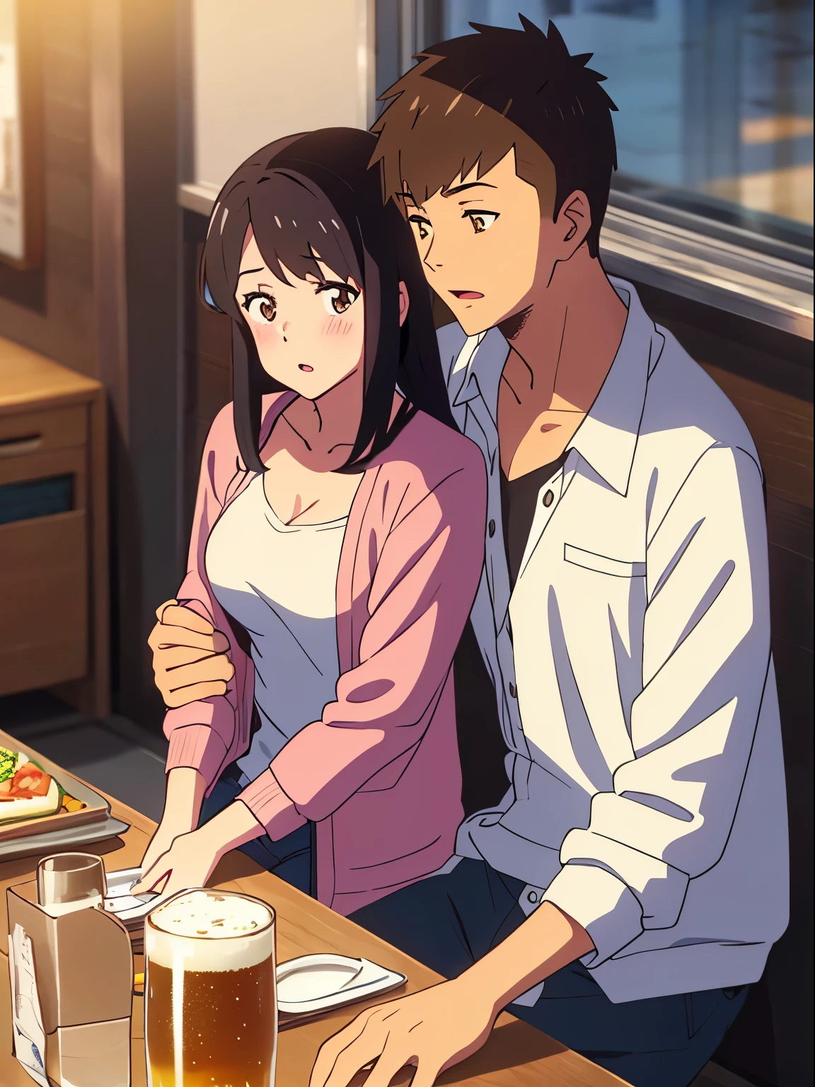 shinkai makoto, kimi no na wa., 1boy, buzzcut, office attire, boy's arms placed over girl's shoulder, drunk, boy sit beside girl, 1girl, bangs, black hair, brown eyes, open mouth, blush, twisted half up, red ribbon, long hair, long sleeve light yellow cardigan, open shirt, white shirt, cleavage, breast, medium breast, blue pants, drinking party,nomikai, table, food drinks, beer, indoors, masterpiece, perfect anatomy, cowboyshot,