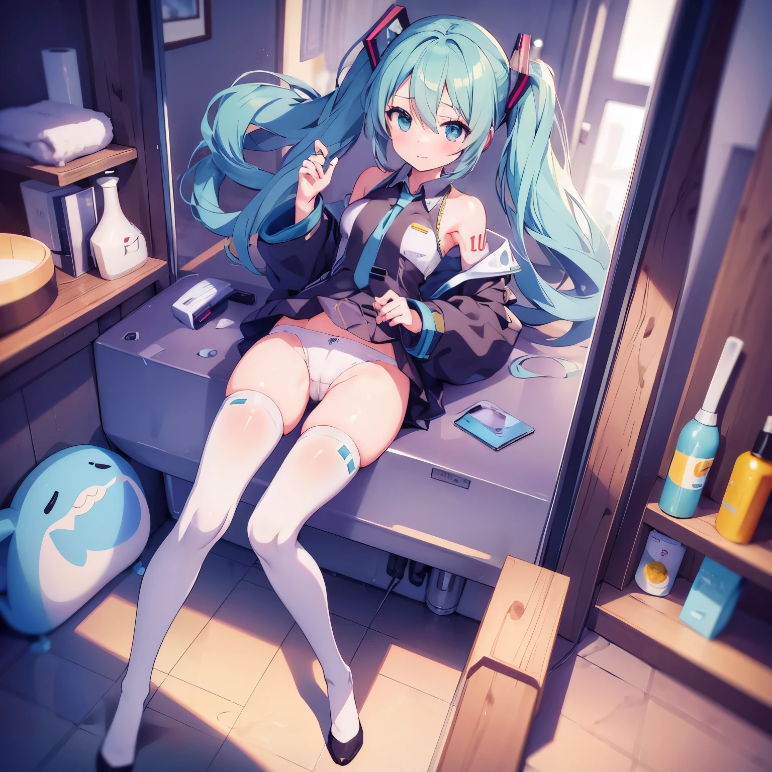 1girl,miku,Vocaloid,portrait,clearly,detailed,camel toe,white knee socks,in the bathroom
