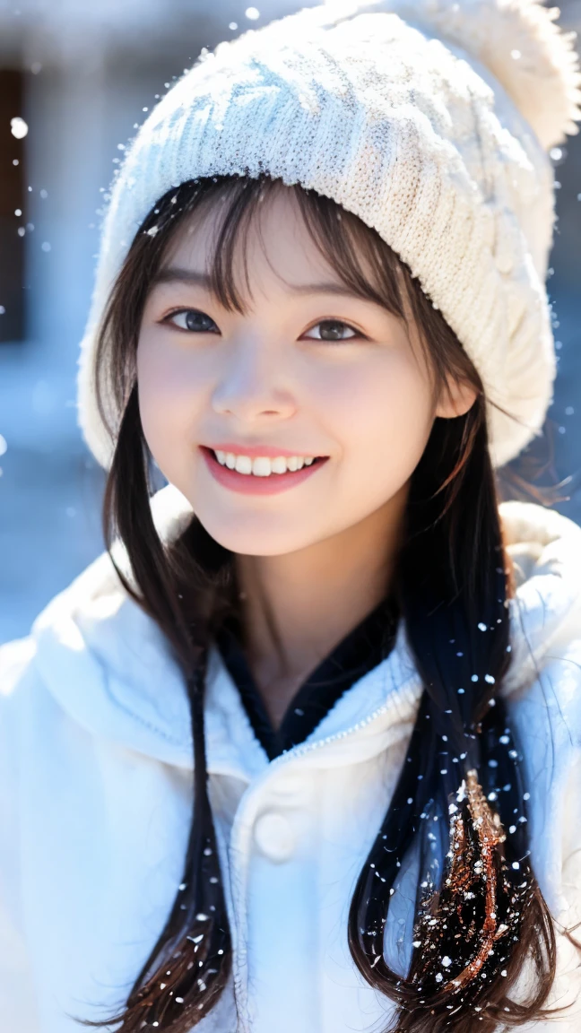 masterpiece, highest quality, one girl,17 year old beautiful girl、 (beautiful girl, delicate girl:1.3), (13 years old:1.3), extremely fine-grained clarity, (symmetrical eyes:1.3), (it's snowing, Diamond dust, outside:1.2), (White Winter Jacket, knit hat:1.3), small breasts, brown eyes, parted bangs, brown hair, young girl, (Eye and face details:1.0), (upper teeth, best smile:0.1),