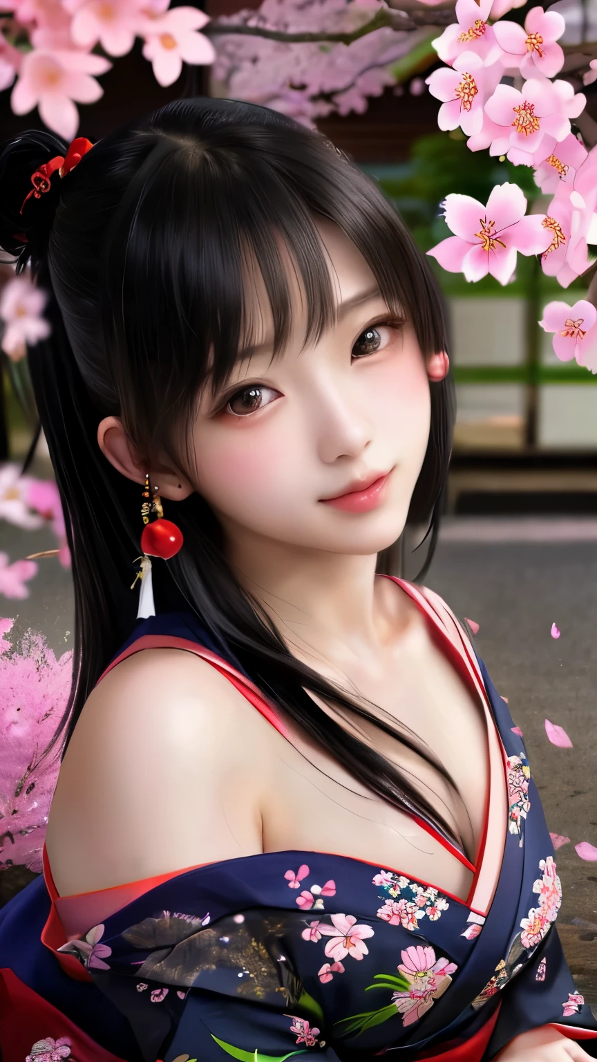 最high quality、high quality、best image quality、8K、最High resolution、High resolution、最high quality、masterpiece、Realistic human body with detailed details、Realistic skin in every detail、Realistic face in every detail、Realistic eyes in every detail、Realistic lips in every detail、Realistic teeth in every detail、Realistic ears with attention to detail、Realistic hair with detailed details、Realistic arms with attention to detail、Realistic hands with attention to detail、Realistic fingers with attention to detail、(fine hands、thumb1reference4)、Realistic legs with attention to detail、Realistic feet with attention to detail、((beautiful japanese girl))、(japanese model), (japanese woman)、((18 year old beautiful girl))、(black hair)、(straight hair)、((whole body))、((Upward beautiful breasts、Medium chest))、(slim style、slender style)、(whole body光沢肌、Fair skin)、Detailed and realistic human body、detailed realistic skin、detailed realistic face、detailed realistic arms、Detailed realistic fingers、Detailed realistic feet、soft natural light、samurai kimono、maiko kimono、servant、geisha kimono、japanese kimono、Furisode、kimono、Yukata、japanese traditional、Samurai Residence、Japanese garden、((colorful transparent see-through(flowery kimono、Hakama with side slits))、((Under the cherry blossom tree in full bloom(Poses that make your thighs look sexy))