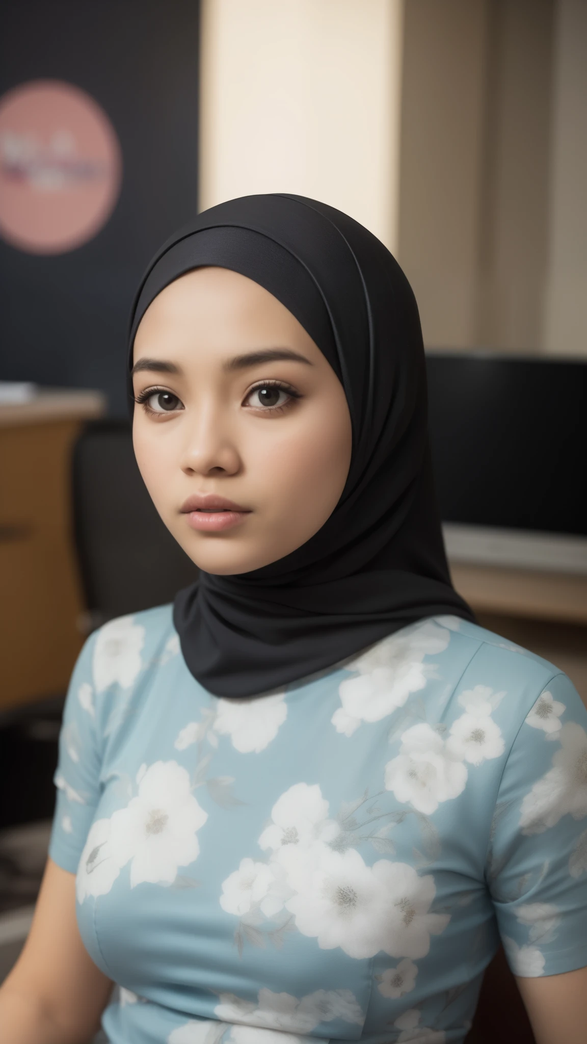 a 20 years old malay women in hijab wear floral pattern baju kurung seat in the office, night, serious face, nighttime, in the office movie style, hyper - realistic photography, dramatic effect, people working in background, pastel color grading, full body, 8k, close - up shot, extreme close - up photo