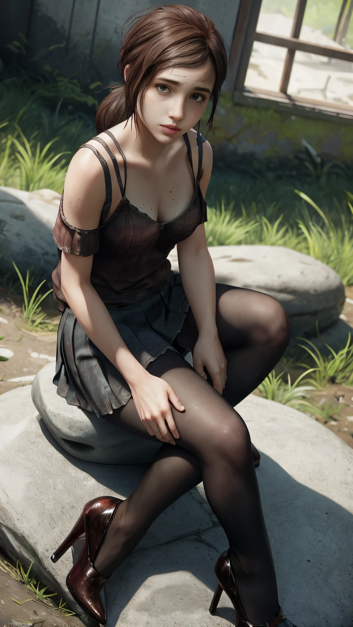 Ellie de The last of us, 13 years old, long hair: 1.3, spaghetti strap blouse, pleated skirt, pantyhose, high heels, small breasts, light skin, sitting on a stone, photorealistic