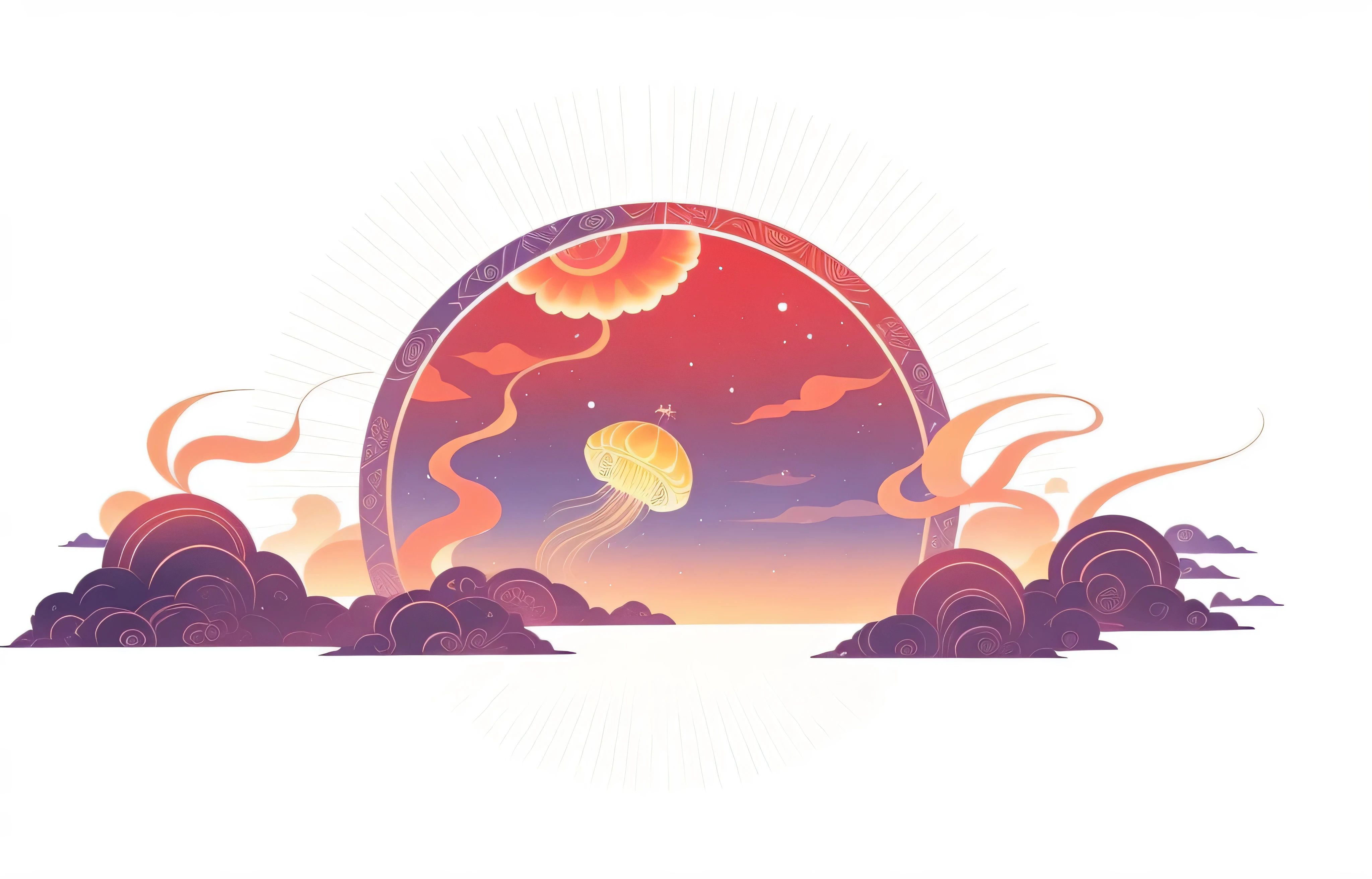 there is a picture of a red ball existith a dragon on it, emitting spore clouds, ceremony cloud, Onmyoji Detailed Art, background artexistork, g liulian art style, ''existallpaper of a phoenix resting, artexistork in the style of z.exist. arrive, sexistirling scene, jellyfish pheonix dragon, background art, sunset illustration, jellyfish pheonix