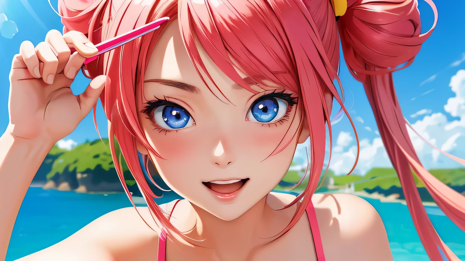 ((masterpiece)), (((best quality))), chromatic lighting,
colorized, red + white limited color palette,
detailed concept drawing, swimming pool, on the beach, bikini,
portrait, 20yo 1girl, blue sky, medium soft breasts, slender, green, long red hair, blue eyes, smiling