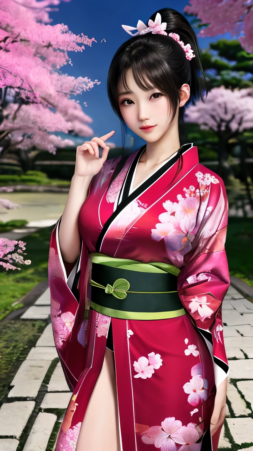 最high quality、high quality、best image quality、8K、最High resolution、High resolution、最high quality、masterpiece、realistic pictures、RAW photo、realistic atmosphere、(detailed face)、(fine hands、thumb1reference4)、(beauty of japan )、very nice face、cute face、((beautiful japanese girl))、(woman), ((18 year old beautiful girl))、(glossy black hair)、(straight long hair)、(ponytail)、whole body、slim style、(shiny skin)、(Fair skin, Glossy skin)、real human skin、realistic human body structure、perfect body, perfect face, perfect hands, perfect fingers, perfect lips, perfect eyes,perfect teeth、perfect background, perfect atmosphere,soft natural light、samurai kimono、maiko kimono、servant、geisha kimono、japanese kimono、Furisode、kimono、Yukata、japanese traditional、Samurai Residence、Japanese garden、((colorful transparent vinyl(flowery kimono、Hakama with side slits))、((Under the cherry blossom tree in full bloom(Poses that make your thighs look sexy))