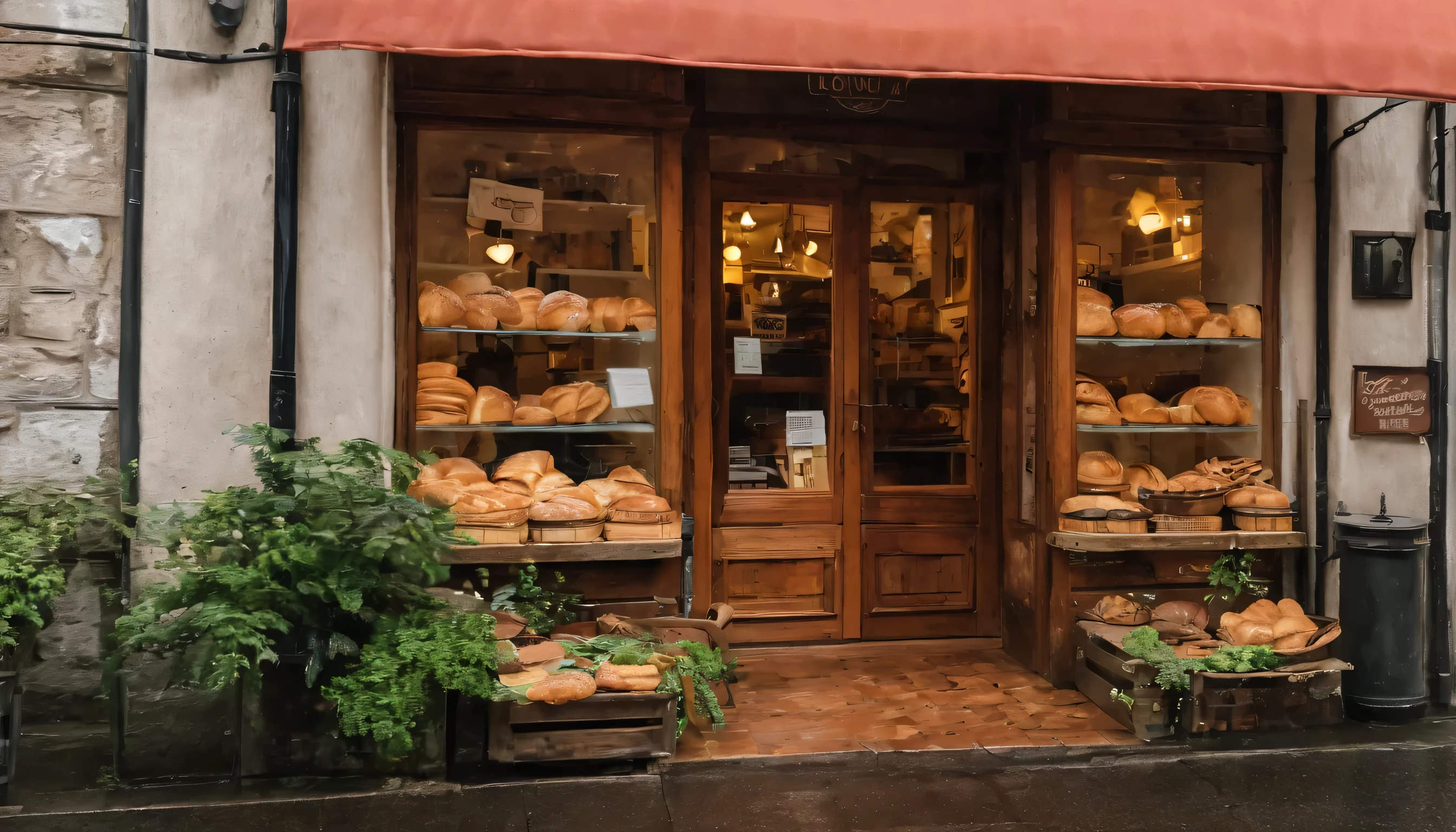 The aroma of freshly baked bread and pastries fills the air as you step into the quaint bakery on the rainy street. A friendly feline greets you at the door, inviting you to explore the delicious treats inside.