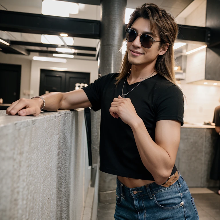 20th generation men、rapper、Korean、Height 185 cm、Weight 55 kg、Thin macho、long hair、blonde、Ray-Ban Sunglasses、City of night、top and bottom jeans、black t-shirt、Silver necklace、smile、double、