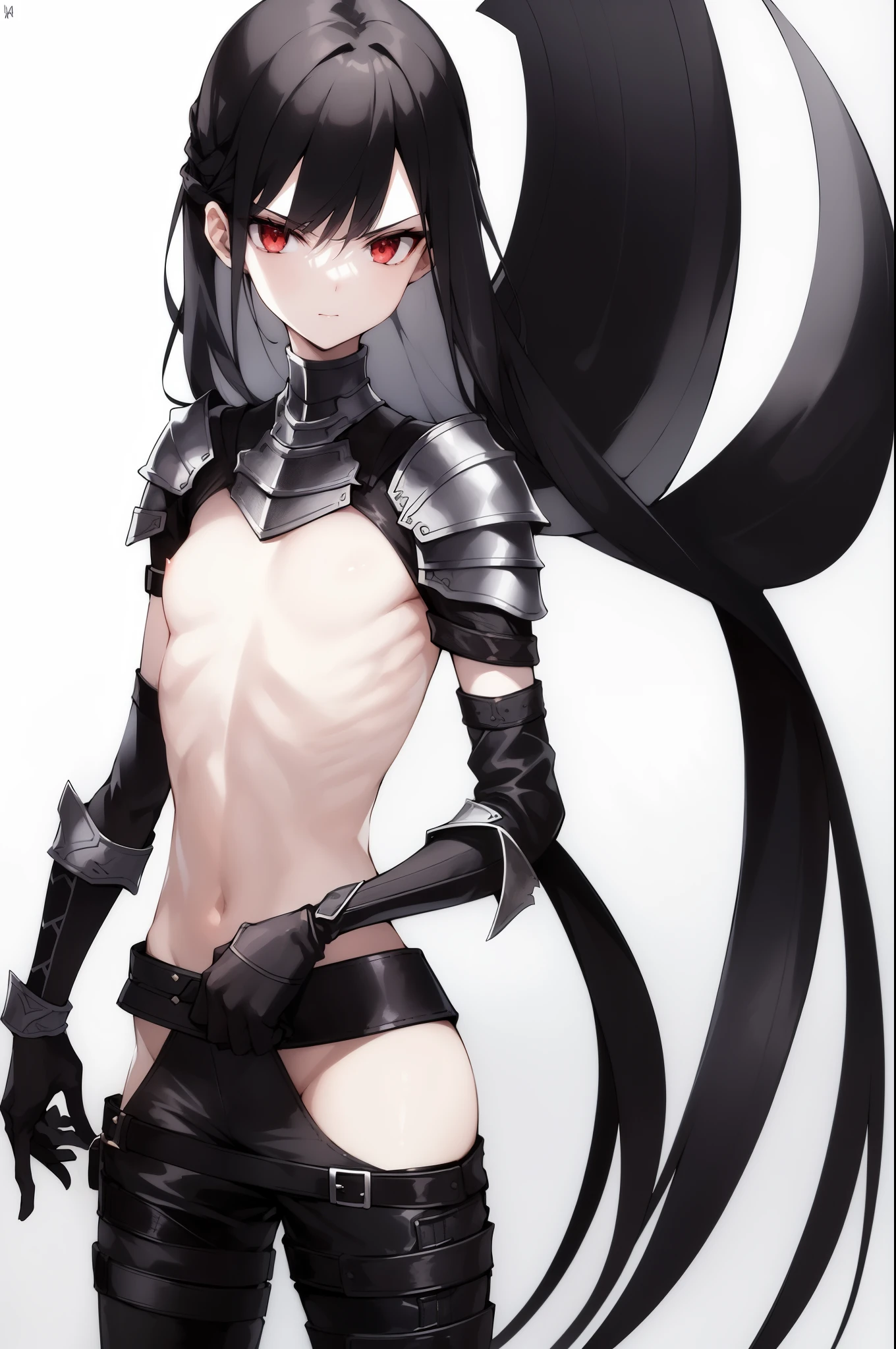 1girl, highres:1.2, masterpiece, best quality, pale skin, rexic, gaunt, red eyes, black hair, long hair, detailed hair strands, glossy hair, slim, shoulder, small brehestbone, forearm, clavicle, , (narrow waist:1.2), hair tied back, side bangs, middle bangs, midriff, (leather breastplat, armor, pants, strings, small ass, narrow hipserious, simple background, white background, negative space, head in frame
