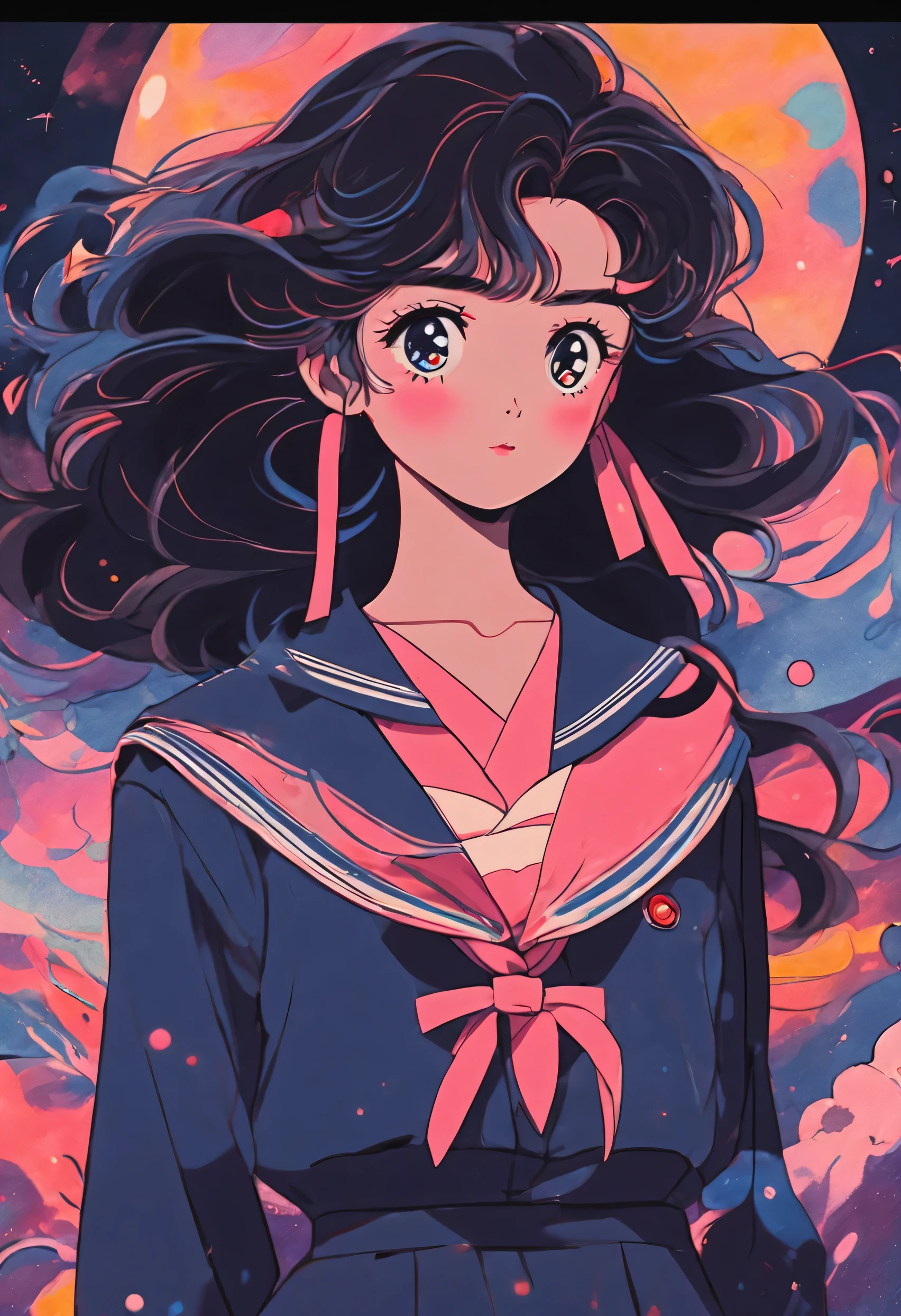 Create an anime-style character inspired by the girl in the image provided. Characters should be in the 1980s Japanese anime style, detailed, Hairstyles that reflect expressive eyes and volume, The wavy nature of the original character's hair. Clothes should be sailor uniforms, Commonly seen in anime from that era, with a big bow. The background must be a starry sky, planet, and space motif, In keeping with the astronomy theme. The image is「moe」avoid the aesthetics of、Instead, you should capture the vibrant and dynamic art style of 1980s anime。.