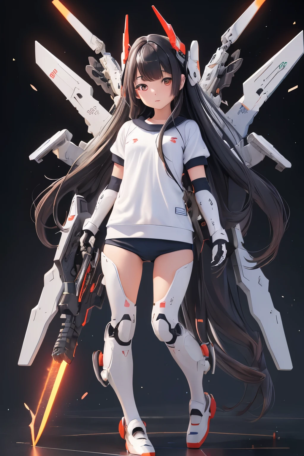 (highest quality)), ((masterpiece)), (very detailed: 1.3), 3D, {(ung girl)}, (wear navy buruma and white gym uniform with colored hem under armor:1.3), (black hair:1.5), (She is fused with futuristic Gundam mecha:1.2), with headgear, with v-fin , armored shoulders,armored under arms, armored under legs, short sleeve, attached 2 huge weapons on back, legs mounted weapon module, multilayer textureperfect proportions, octane rendering, duotone lighting, Low ISO, wide aperture, White balance, Rule of thirds, ultra HD16k, HDR (High Dynamic Range), Ray Tracing, NVIDIA RTX, Super Resolution, Subsurface Scattering, PBR Texturing, Post Processing, Anisotropic Filtering, Depth of Field, Maximum Clarity and Clarity, High efficiency subpixel, subpixel convolution, particles of light, light scattered, Tyndall effect, full body:1.5, battle pose, cute, (cute:1.2), (long hair:1.3),太い眉毛, 薄い色の虹彩, 大きくて輝いている黒い瞳, 長いまつげ, 小さく薄い色の自然な唇, (Average face of Japanese idols), (日本人特有の童顔:1.3), (baby face), 広いおでこ:1.2, ふっくらした頬, 小さな顎, in the hangar,looking at viewer,Focus on the eyes , (完璧な4本の指, 親指1本),