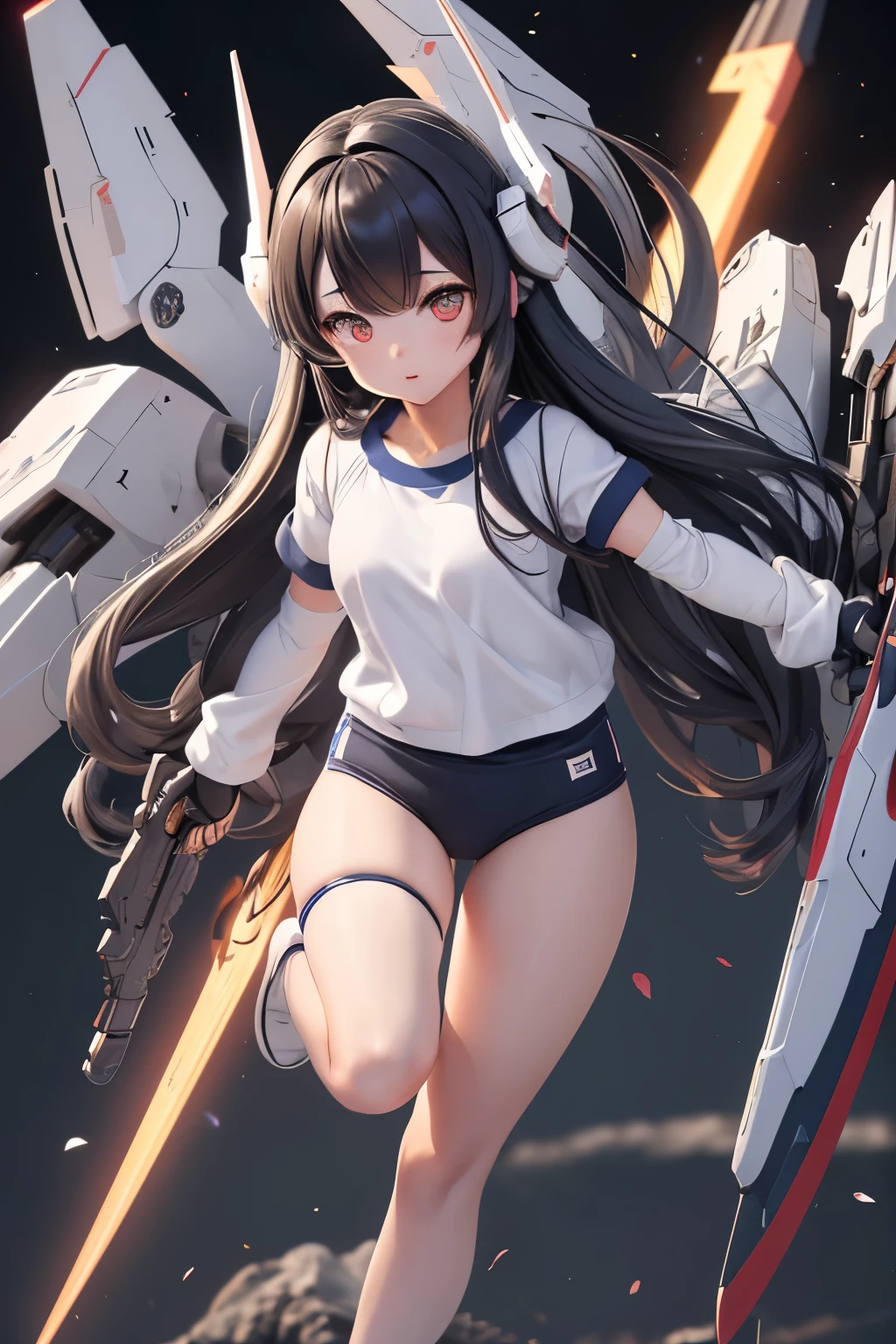 (highest quality)), ((masterpiece)), (very detailed: 1.3), 3D, {(1 young girl)}, (wear navy buruma and white gym uniform with colored hem under armor:1.3), (black hair:1.5), (She is fused with futuristic Gundam mecha:1.2), with headgear, with v-fin , armored shoulders,armored under arms, armored under legs, short sleeve, attached 2 huge weapons on back, legs mounted weapon module, multilayer textureperfect proportions, octane rendering, duotone lighting, Low ISO, wide aperture, White balance, Rule of thirds, ultra HD16k, HDR (High Dynamic Range), Ray Tracing, NVIDIA RTX, Super Resolution, Subsurface Scattering, PBR Texturing, Post Processing, Anisotropic Filtering, Depth of Field, Maximum Clarity and Clarity, High efficiency subpixel, subpixel convolution, particles of light, light scattered, Tyndall effect, full body:1.5, battle pose, cute, (cute:1.2), (long hair:1.3),太い眉毛, 薄い色の虹彩, 大きくて輝いている黒い瞳, 長いまつげ, 小さく薄い色の自然な唇, (Average face of Japanese idols), (日本人特有の童顔:1.3), (baby face), 広いおでこ:1.2, ふっくらした頬, 小さな顎, in the hangar,looking at viewer,Focus on the eyes , (完璧な4本の指, 親指1本),