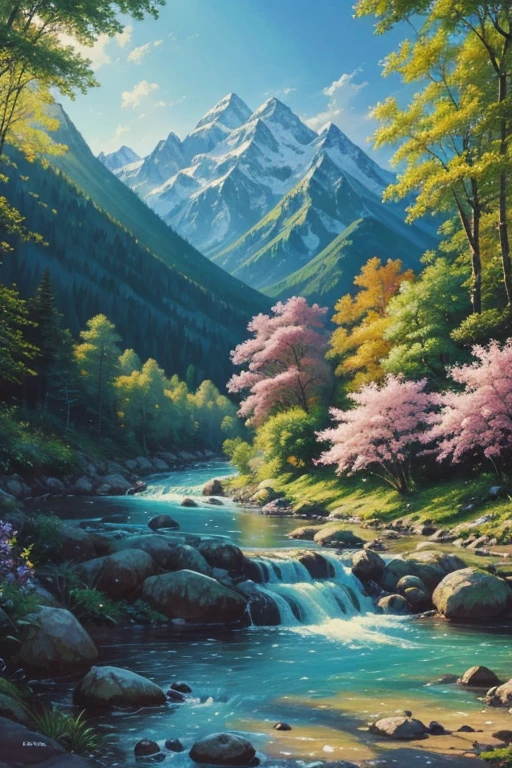 The exquisite beauty of nature:1.1, oil painting, professional, Vivid colors, Soft lighting, Landscapes, Detailed trees, Colorful flowers, flowing river, Majestic mountains, Gentle breeze, Clear blue sky, the sunlight filters through the leaves of the tree, vibrant hues, Natural tranquility, Lush greenery, oil painting