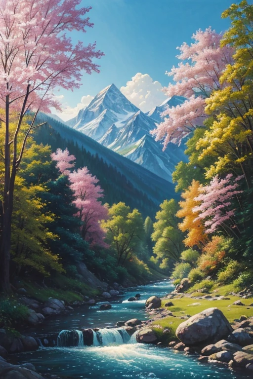 The exquisite beauty of nature:1.1, oil painting, professional, Vivid colors, Soft lighting, Landscapes, Detailed trees, Colorful flowers, flowing river, Majestic mountains, Gentle breeze, Clear blue sky, the sunlight filters through the leaves of the tree, vibrant hues, Natural tranquility, Lush greenery, oil painting