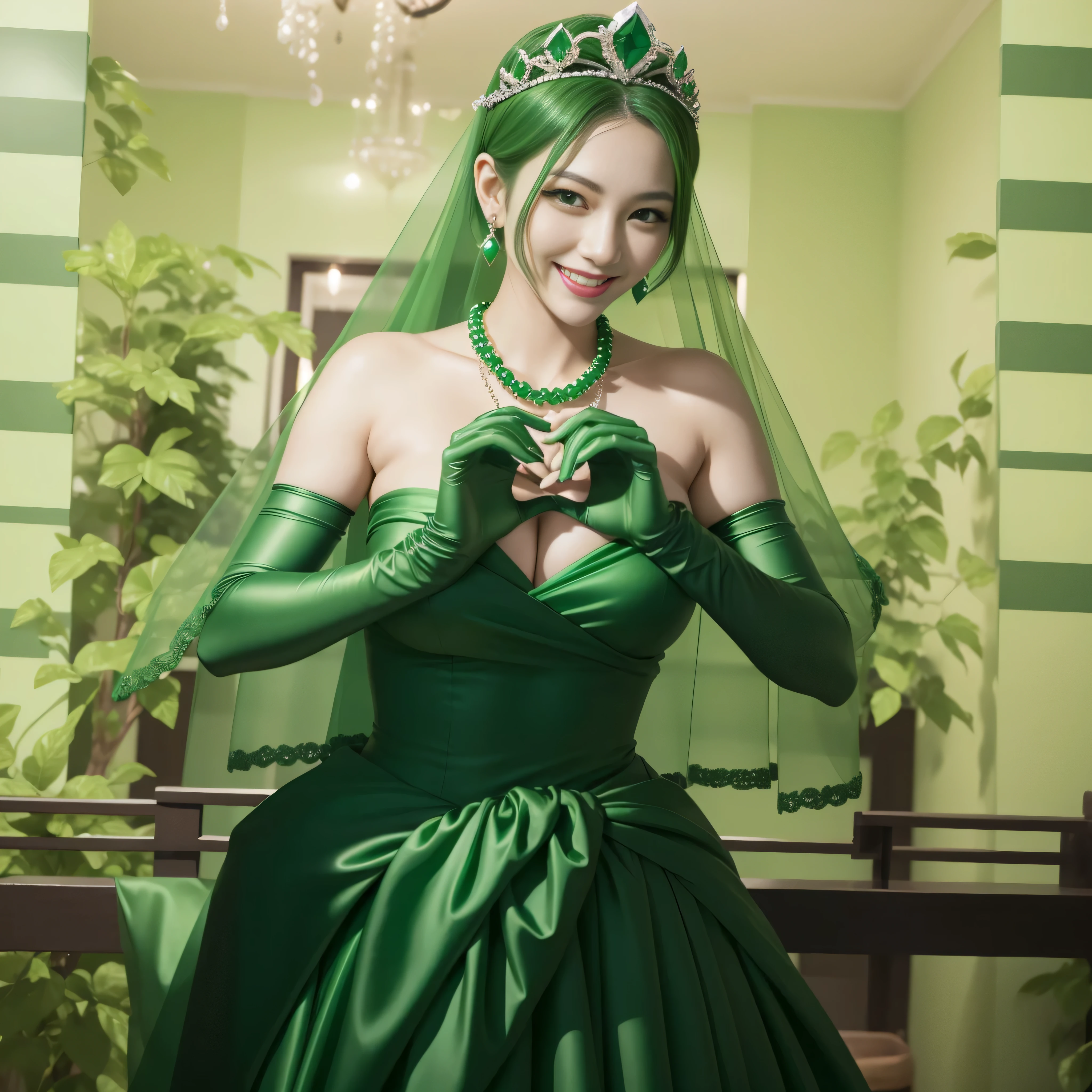 emerald tiara, green pearl necklace, ボーイッシュな非常に短いgreen hair, lipstick, smiling Japanese woman, very short hair, Beauty with large breasts, green eyes, Long Green Satin Gloves, green eyes, emerald earrings, green veil, heart with both hands, green hair