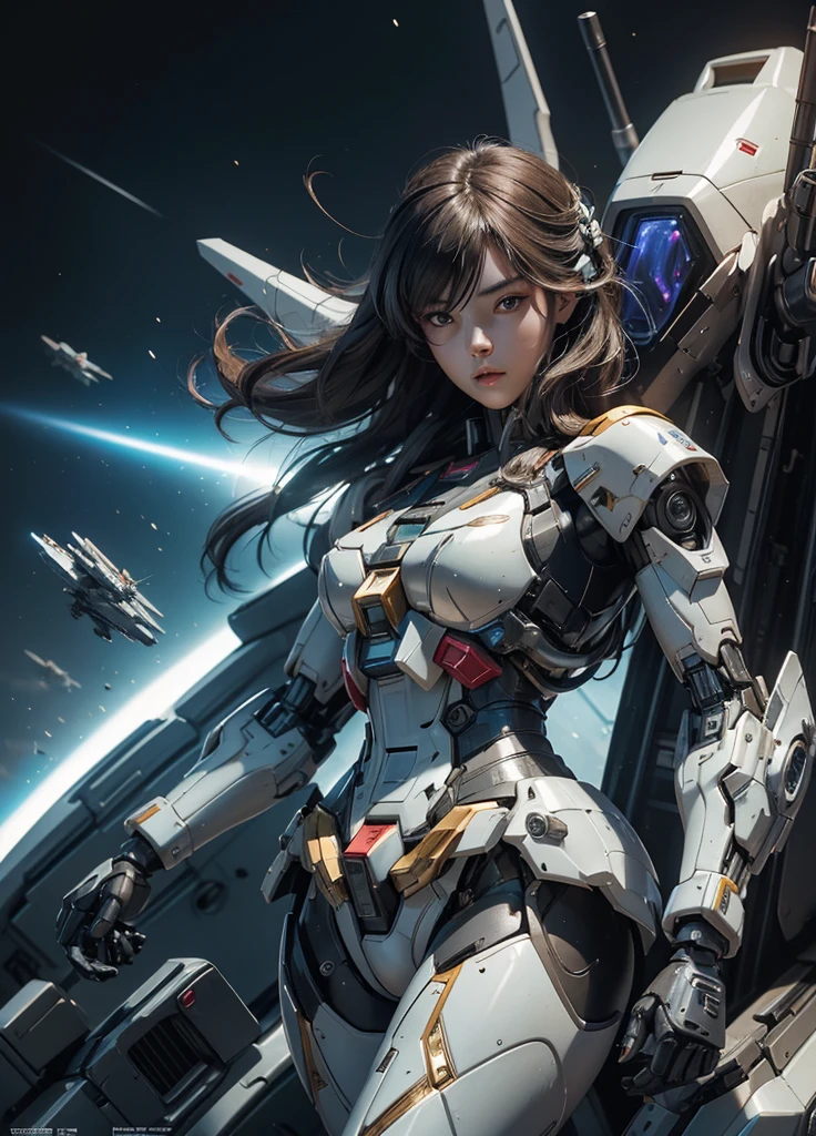 Textured skin, Super Detail, high details, High quality, Best Quality, hight resolution, 1080p, hard disk, Beautiful,(Gundam),beautiful cyborg woman,Mecha Cyborg Girl,Battle Mode,Girl with a Mecha Body,She wears a futuristic Gundam mecha,Fulll body Shot