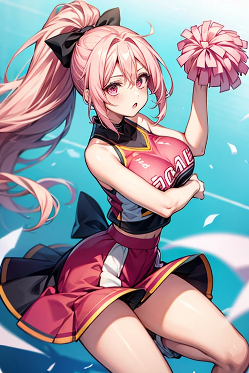 One female、pink hair、pink eyes、long ponytail、yellow ribbon、cheerleader、(holding yellow pompoms in both hands)、big breasts、One female、Full support、best style、beautiful legs、