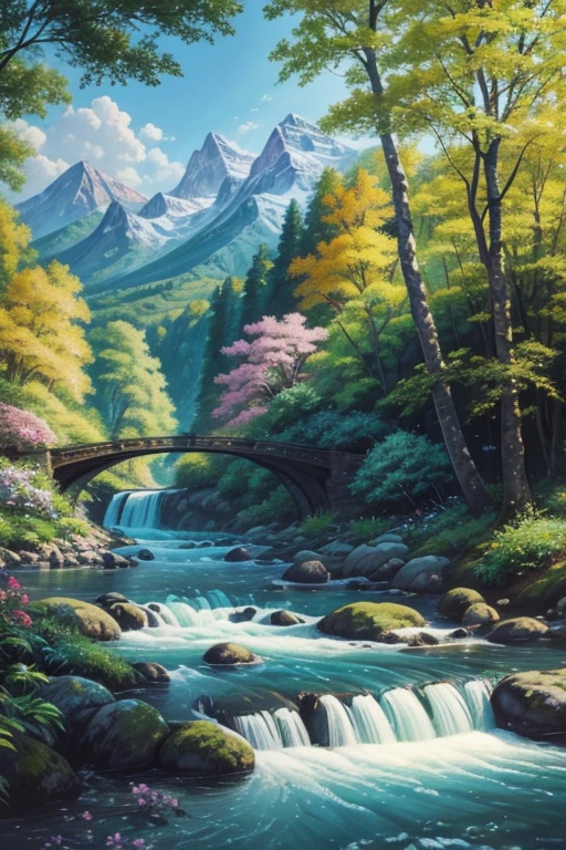 The exquisite beauty of nature:1.1, realistic, professional, Vivid colors, Soft lighting, Landscapes, houseDetailed trees, Colorful flowers, flowing river, Majestic mountains, Gentle breeze, Clear blue sky, the sunlight filters through the leaves of the tree, vibrant hues, Natural tranquility, Lush greenery, oil painting