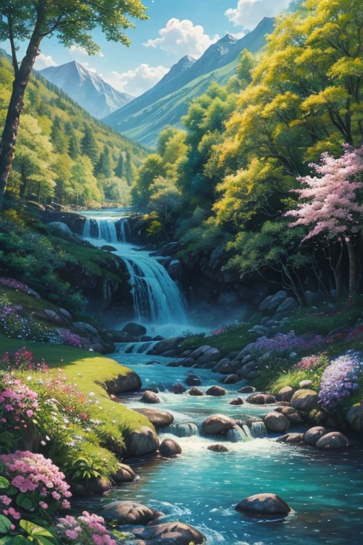 The exquisite beauty of nature:1.1, realistic, professional, Vivid colors, Soft lighting, Landscapes, houseDetailed trees, Colorful flowers, flowing river, Majestic mountains, Gentle breeze, Clear blue sky, the sunlight filters through the leaves of the tree, vibrant hues, Natural tranquility, Lush greenery, oil painting