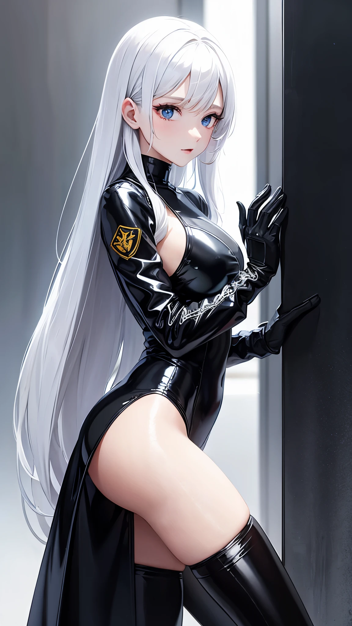 perfect and very thin girl, Wearing an extremely tight black latex suit, Buda Redonda, long white hair, cyberpunk style, hyper-realistic, many details, Perfect image, 8k,Off the shoulder dress