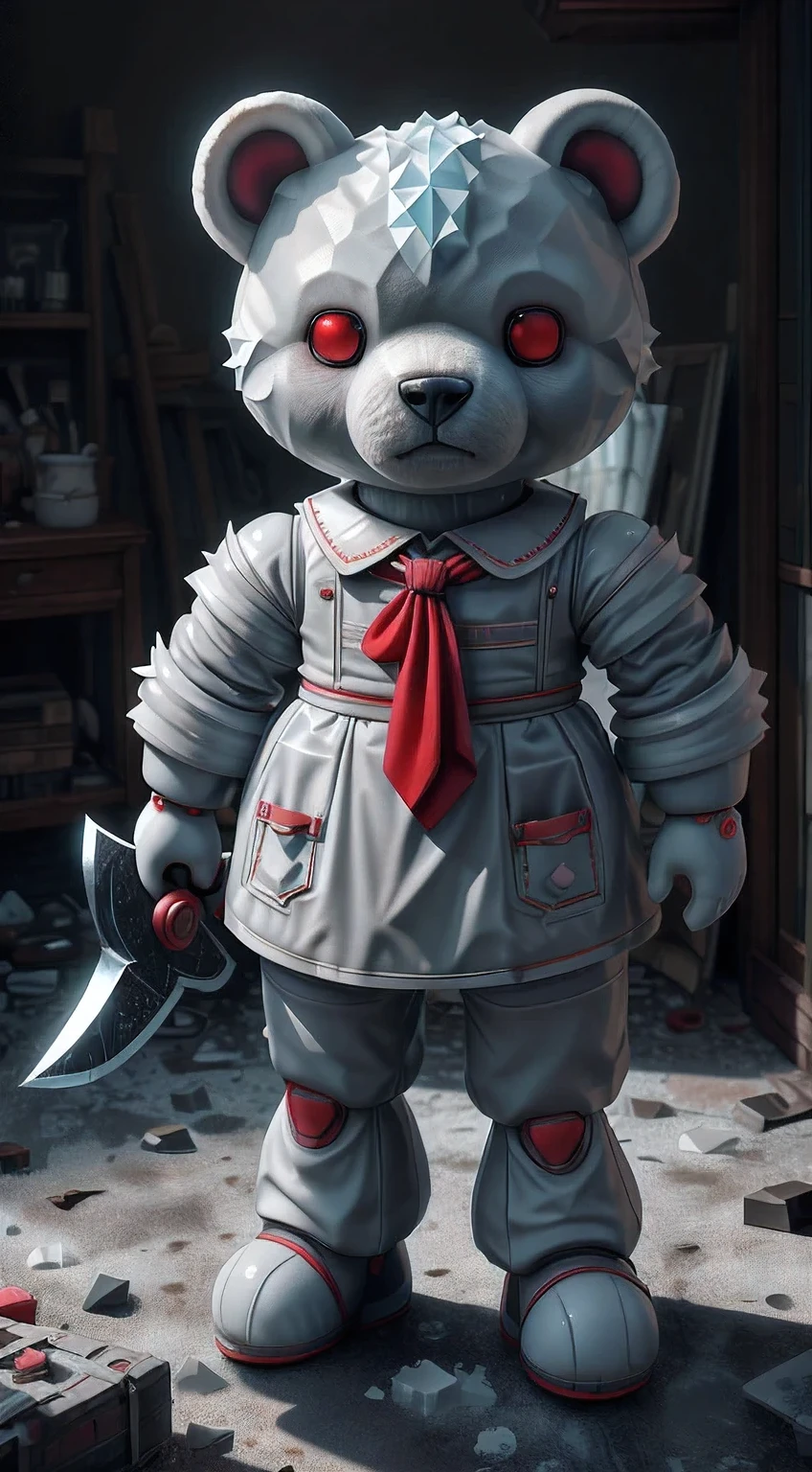 NESStyle cute porcelain doll ice bear with axe in las vegas, mark ryden style, vivid colors, high details, cinematic, 8k resolution, beautiful detailed, photorealistic, digital painting, dark atmosphere, artstation, concept art, smooth, sharp focus, illustration, fantasy background, artstation trending, octane render, unreal engine, (Masterpiece:1.3) (best quality:1.2) (high quality:1.1)