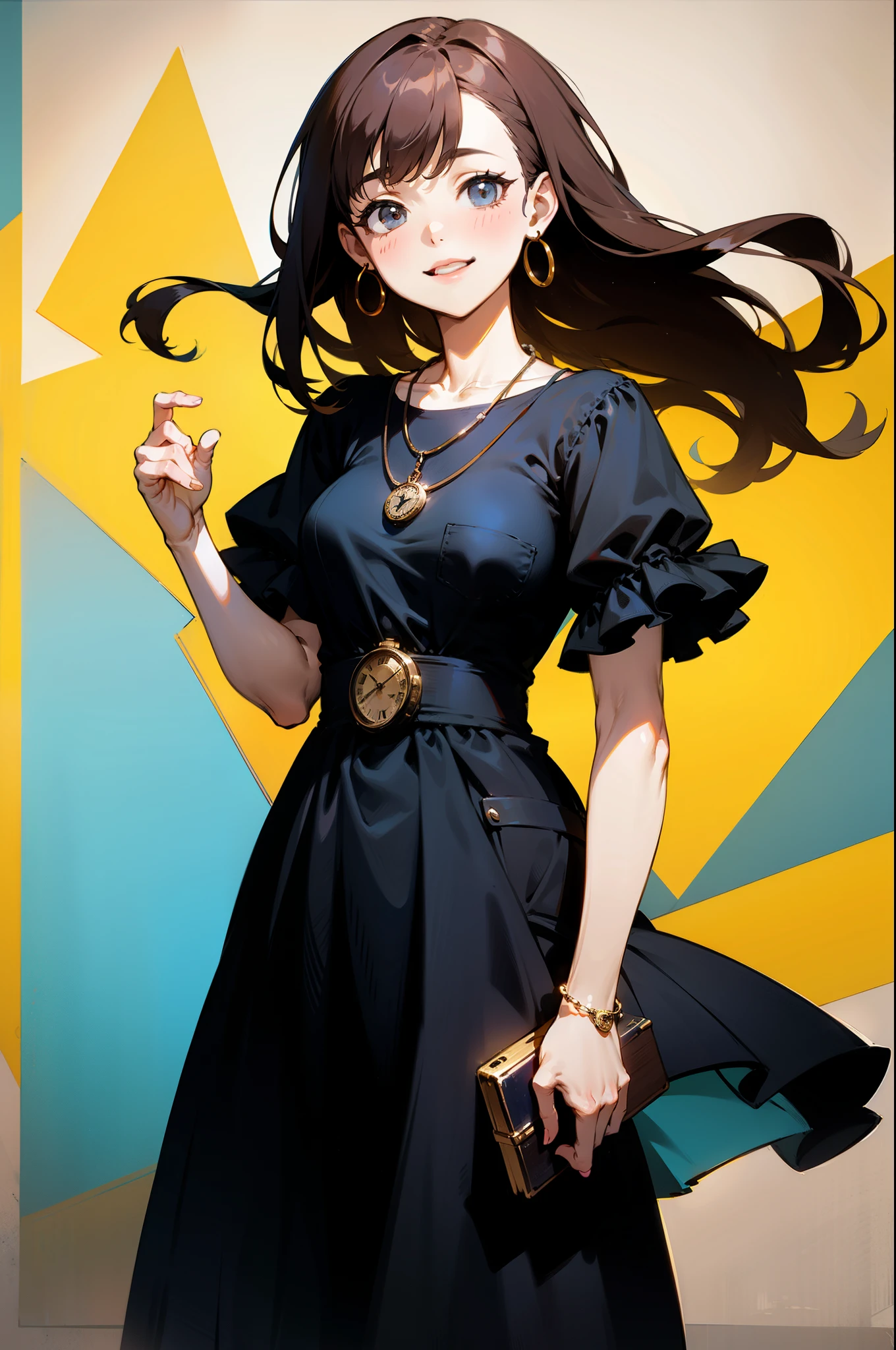 Brunette girl shopping,Wearing a black dress,Wearing a strange necklace around my neck,Laugh softly,Holding a pocket watch in his right hand,Magic wind,The backdrop is urban